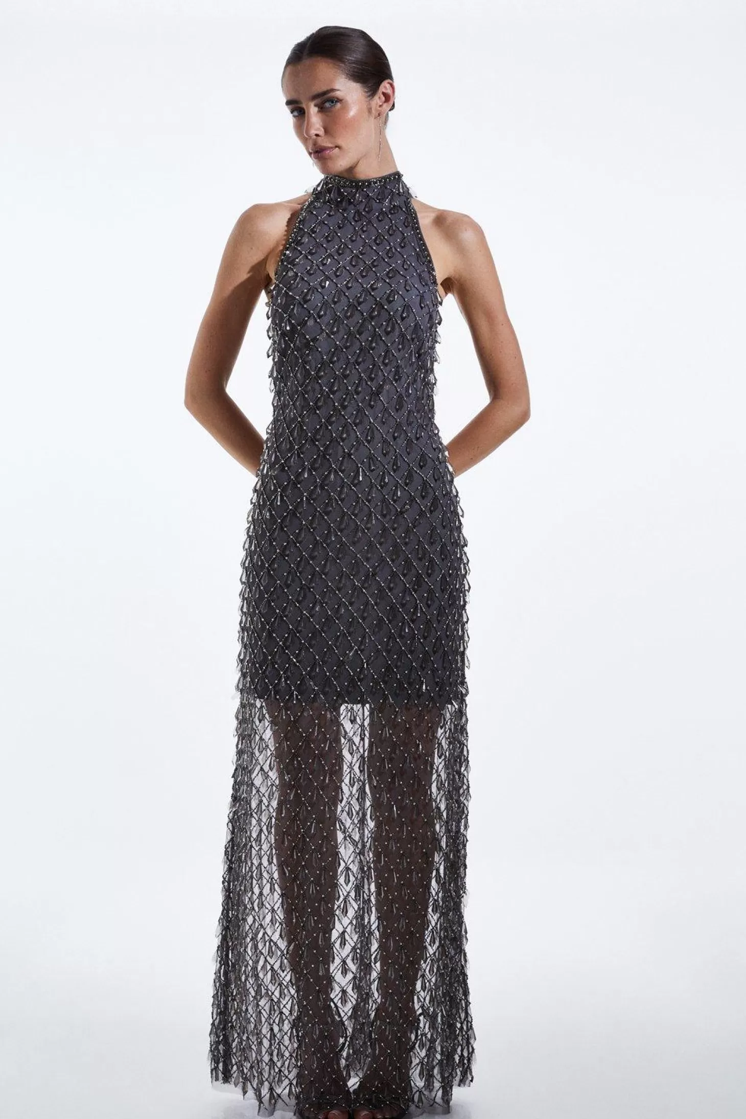 Karen Millen Draped Crystal And Diamante Maxi Dress