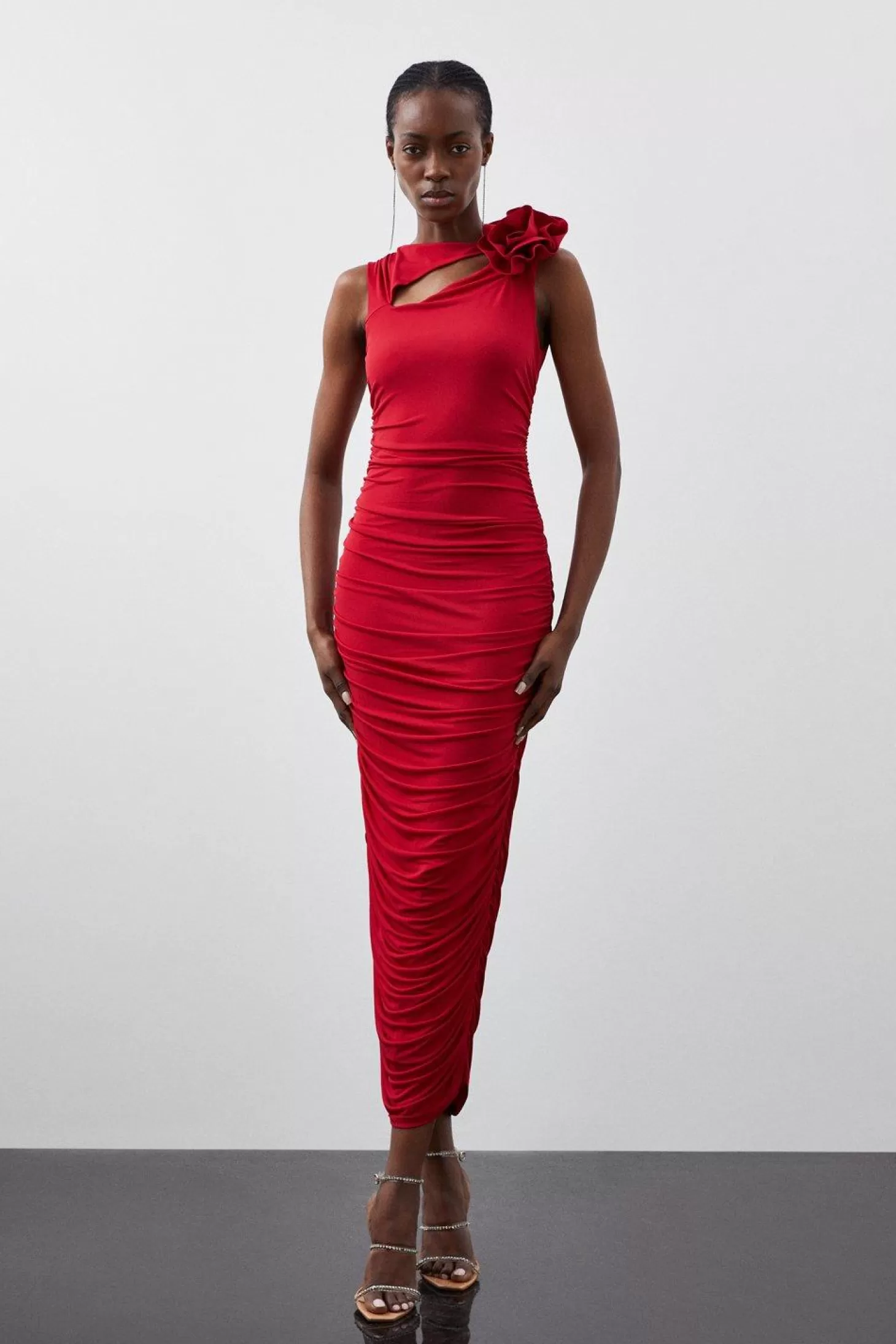 Karen Millen Drapey Ruched Jersey Rosette Maxi Dress