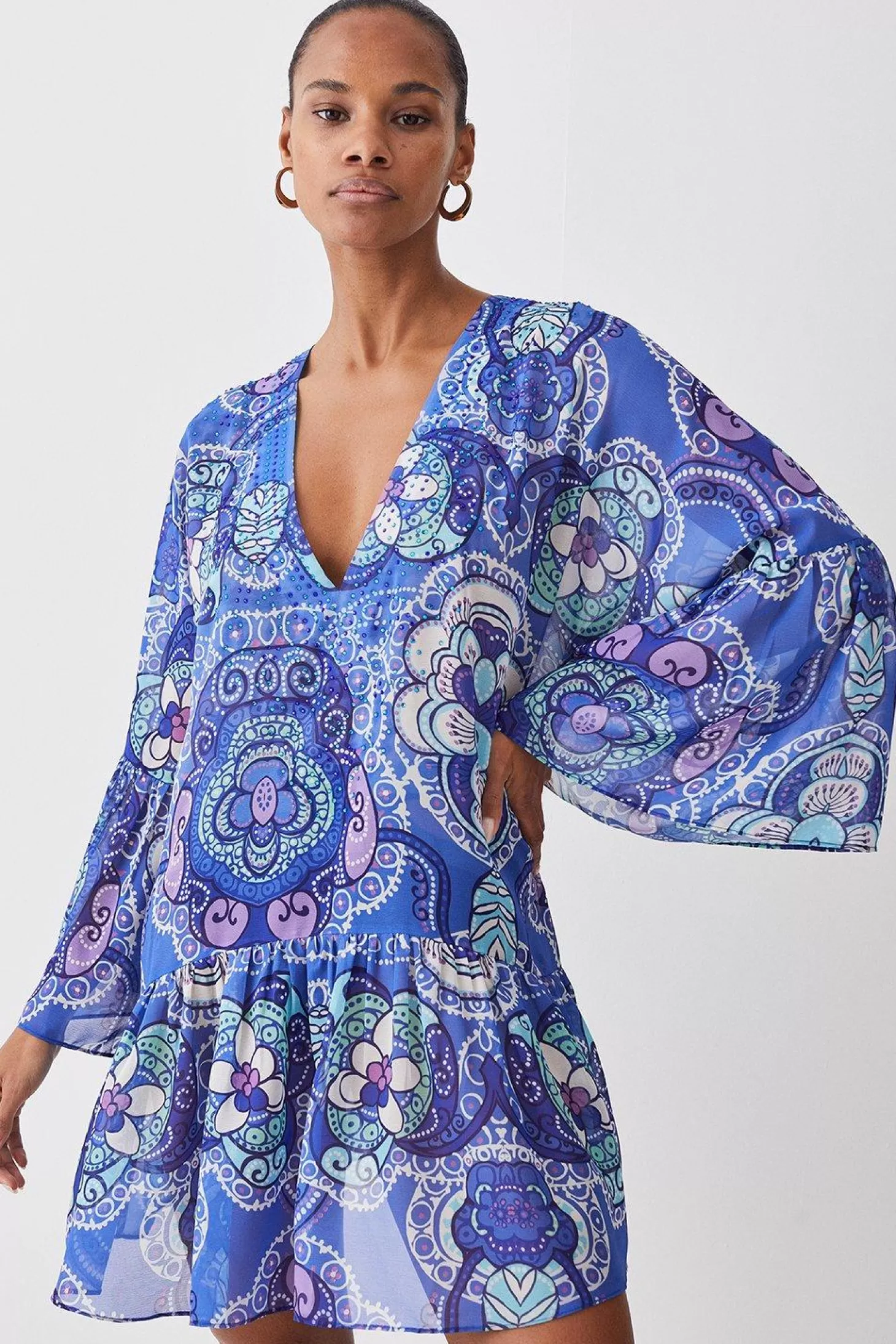 Karen Millen Embellished Batik Kimono Sleeve Beach Mini Dress.