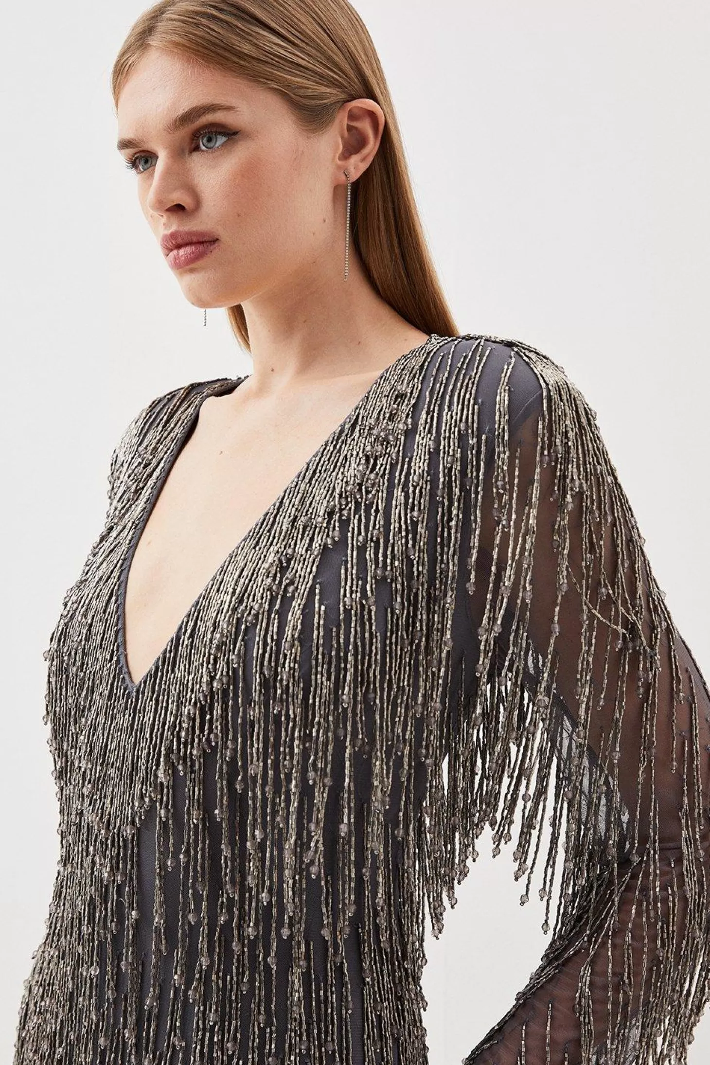 Karen Millen Embellished Fringe Plunge Neck Maxi Dress