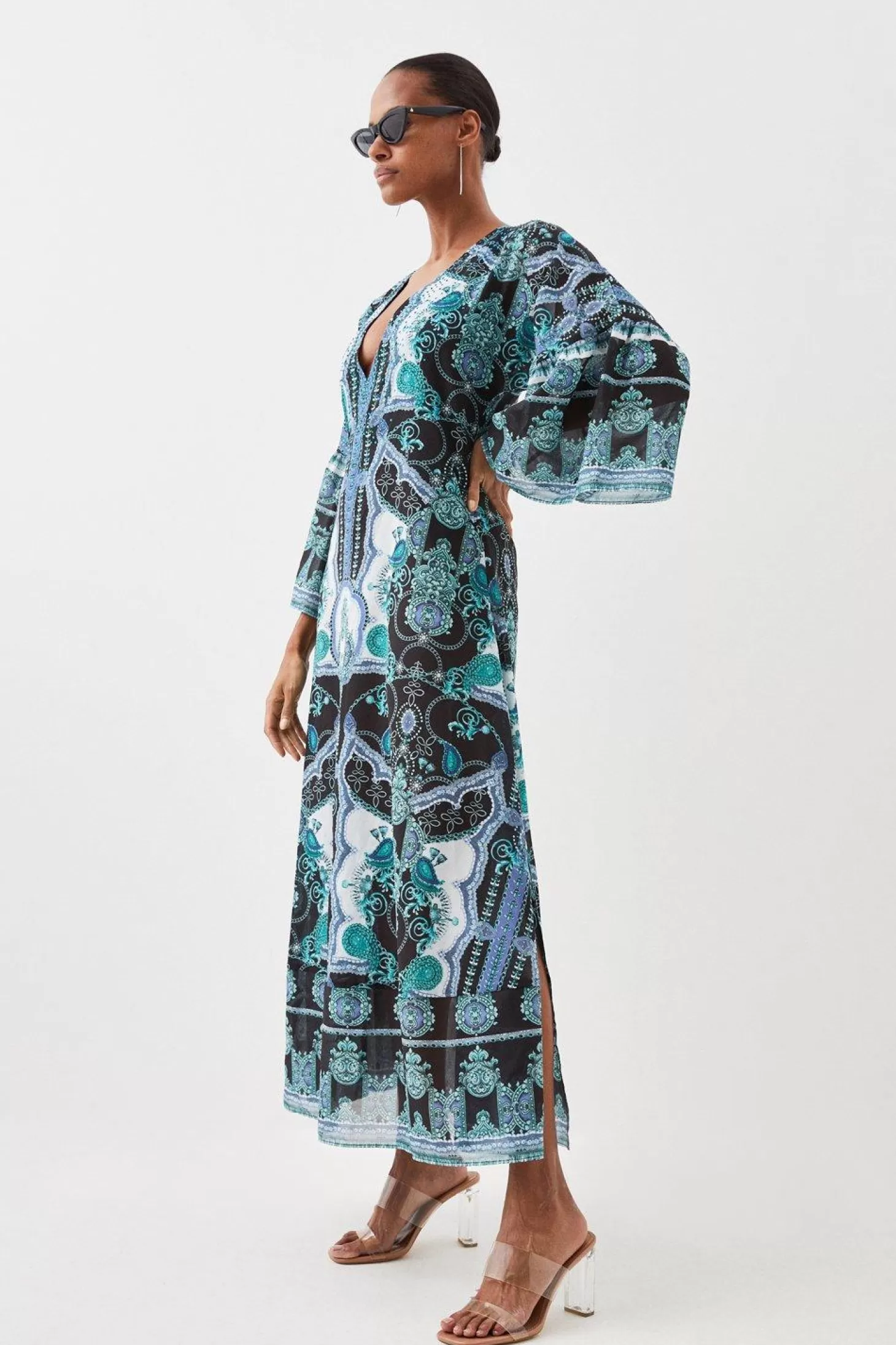 Karen Millen Embellished Mirrored Print Kimono Sleeve Maxi Dress