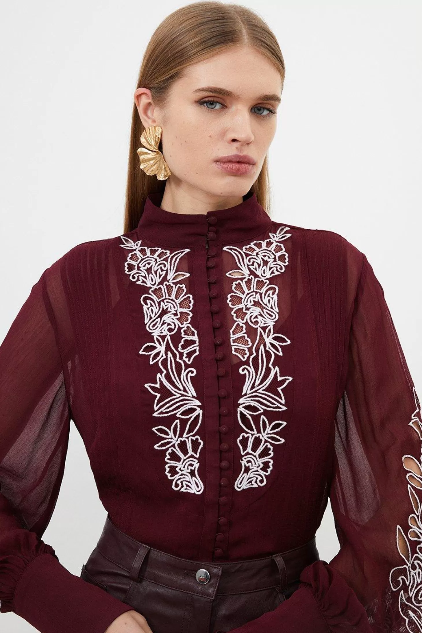 Karen Millen Embroidery Bib Detail Woven Blouse