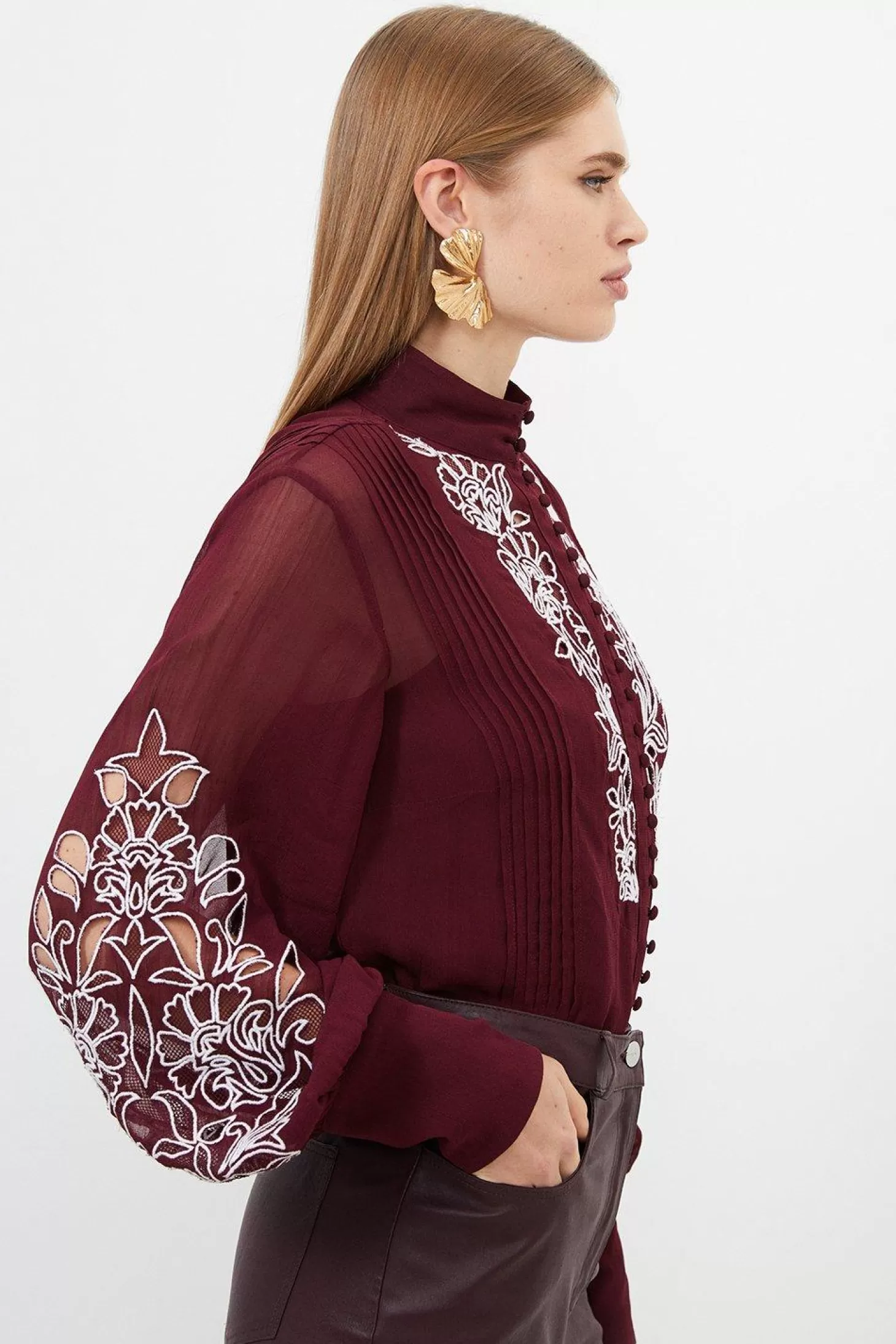 Karen Millen Embroidery Bib Detail Woven Blouse