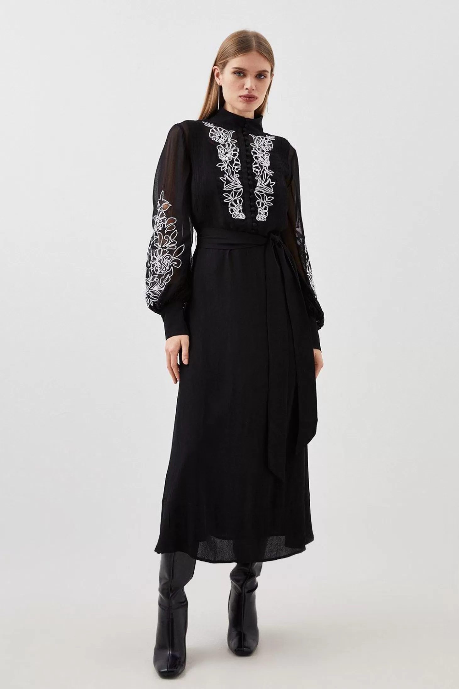 Karen Millen Embroidery Bib Detail Woven Maxi Dress