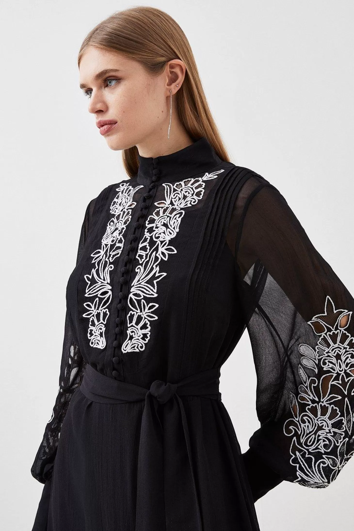 Karen Millen Embroidery Bib Detail Woven Maxi Dress