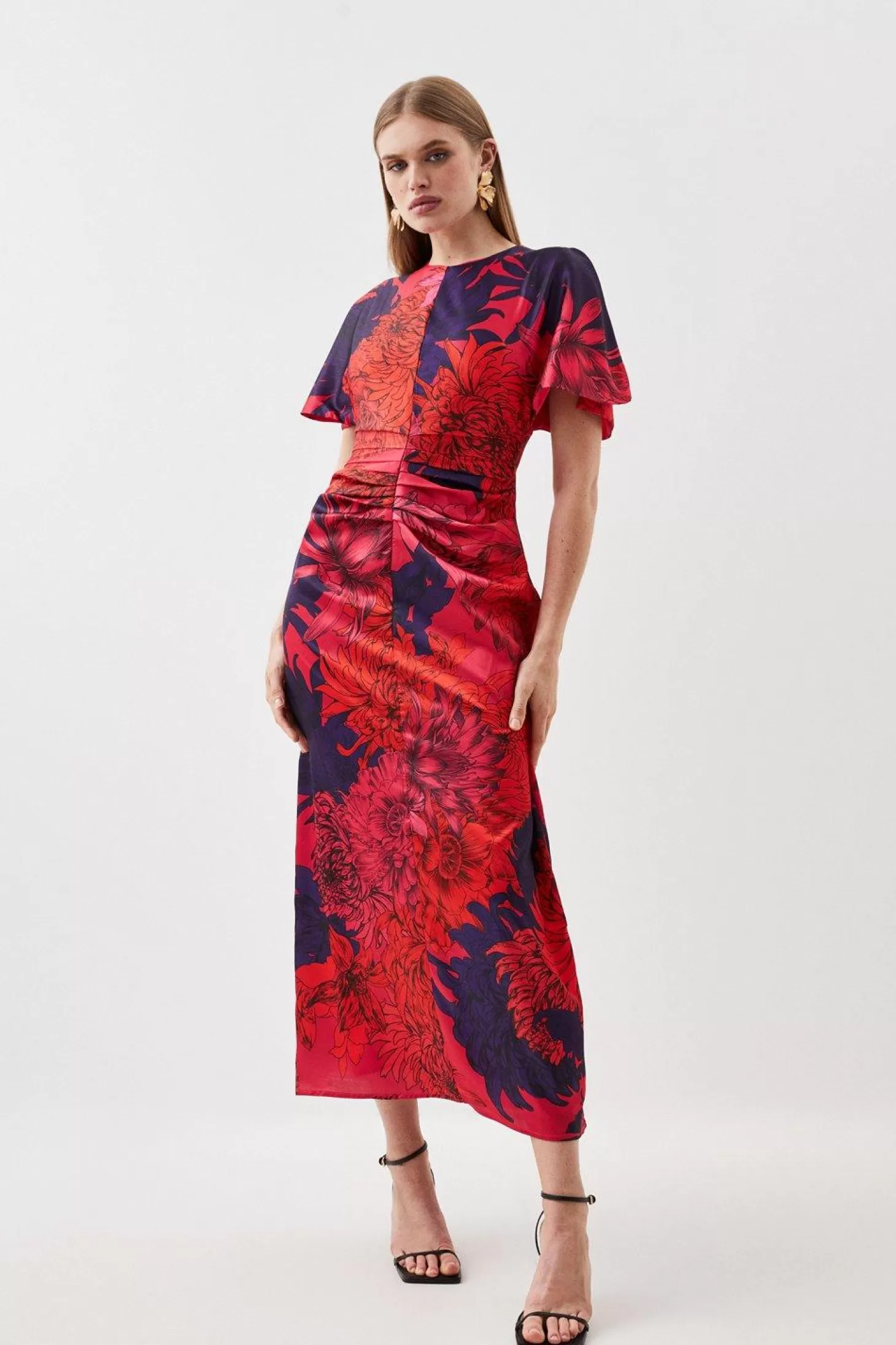 Karen Millen Exploded Draped Satin Angel Sleeve Midi Dress