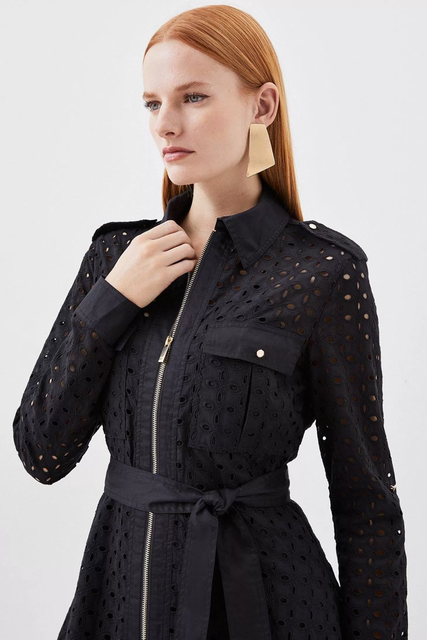 Karen Millen Eyelet Cotton Mix Zip Woven Mini Dress