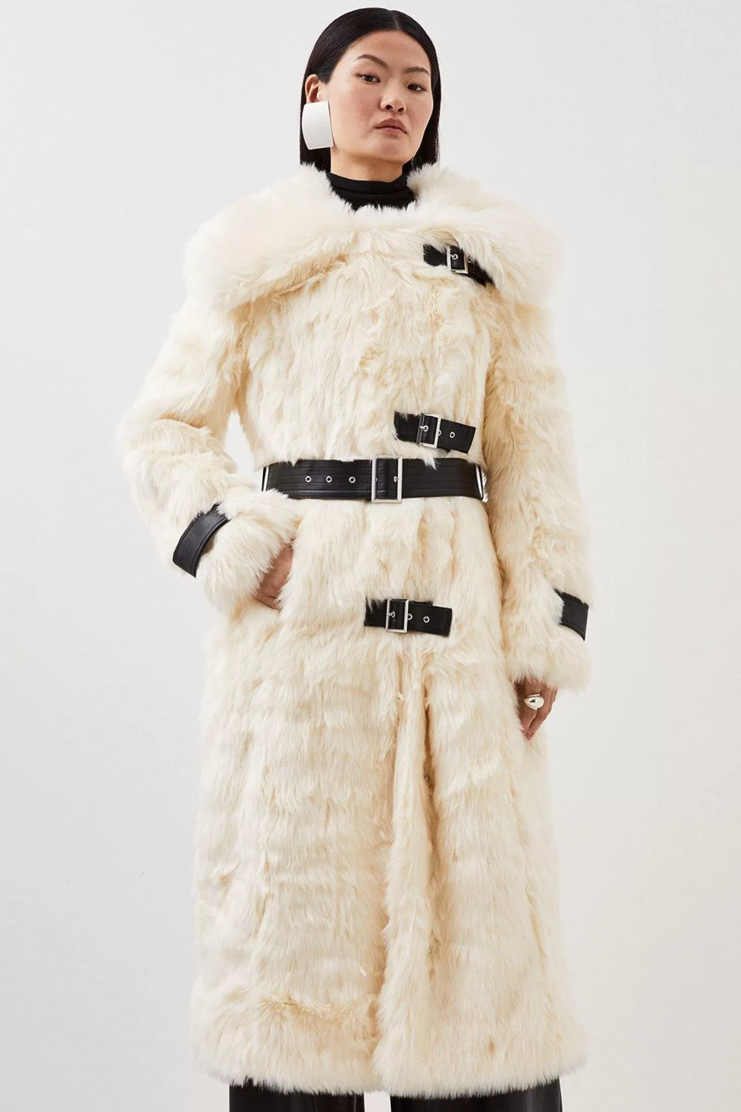 Karen Millen Faux Fur & Pu Detail Long Pile Belted Maxi Coat