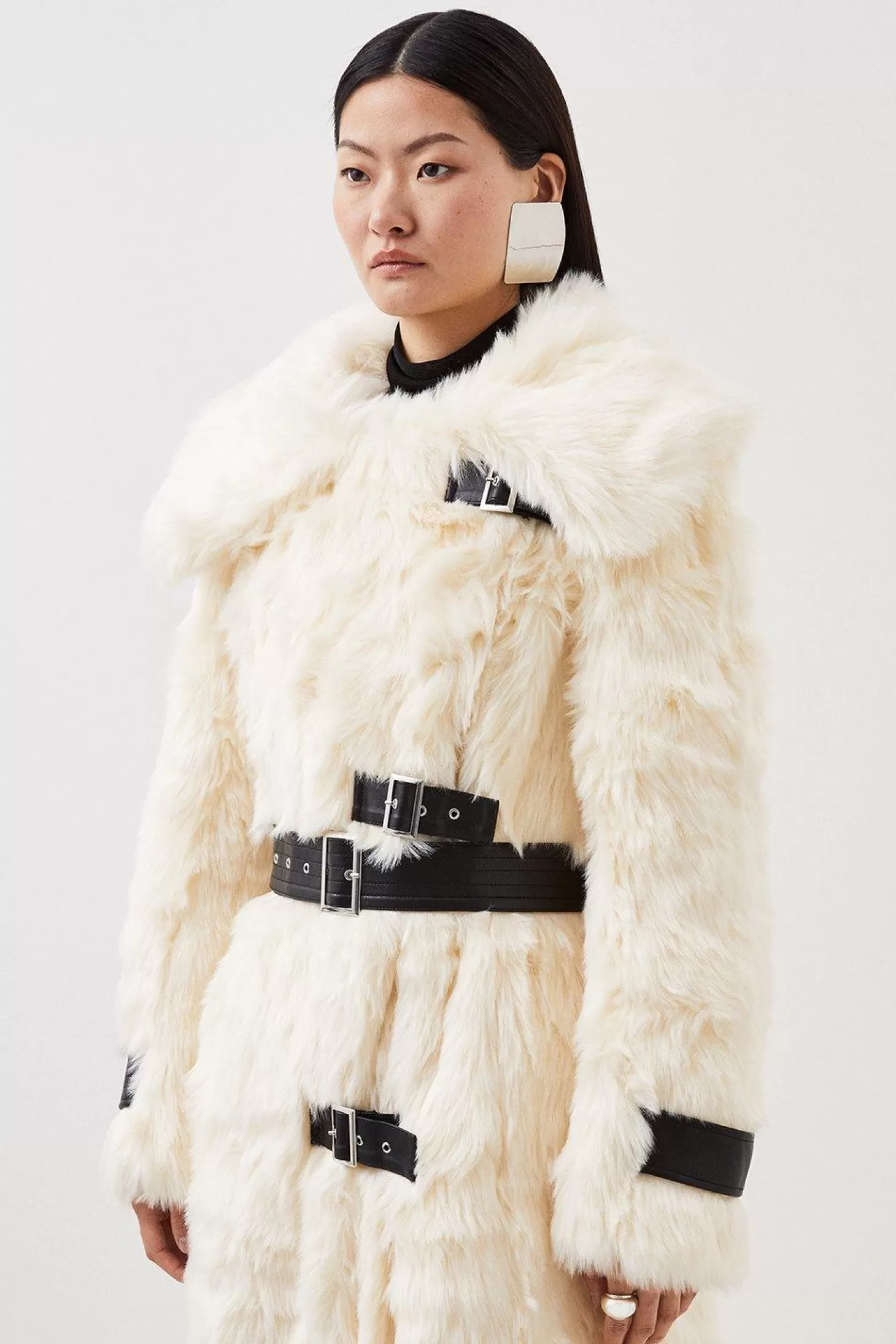 Karen Millen Faux Fur & Pu Detail Long Pile Belted Maxi Coat