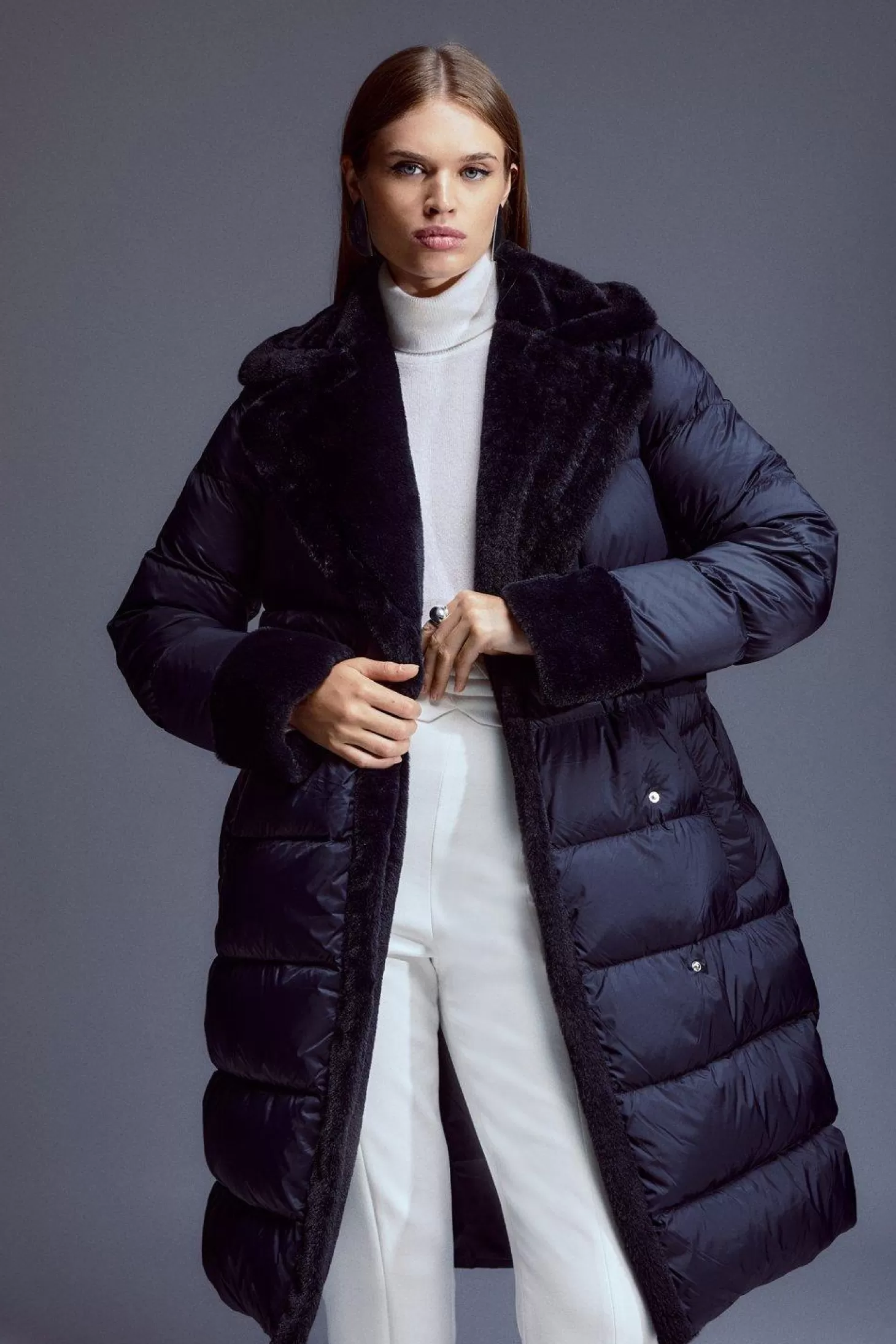 Karen Millen Faux Fur Lined Belted Puffer Coat