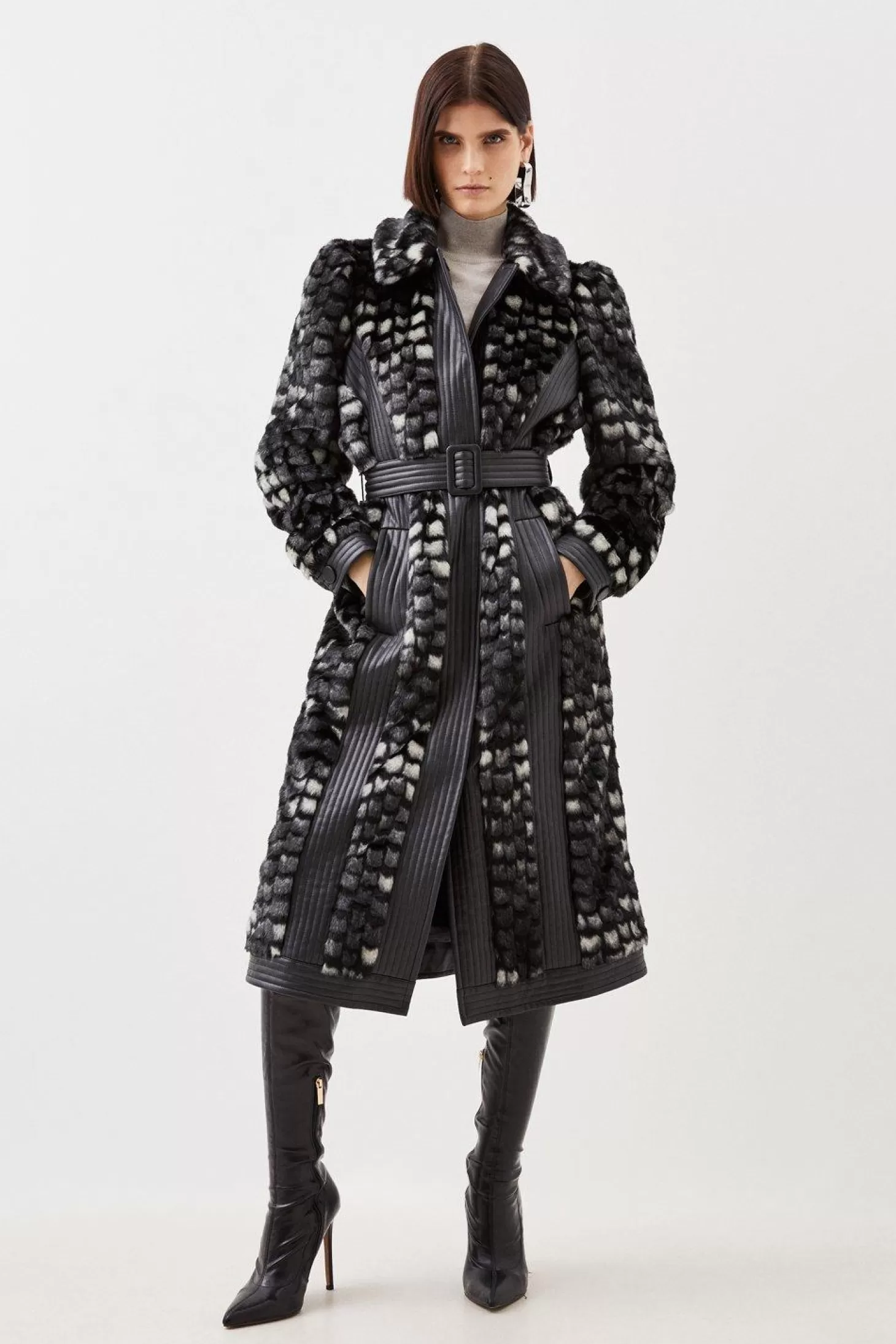 Karen Millen Faux Fur Pu Panelled Abstract Belted Coat