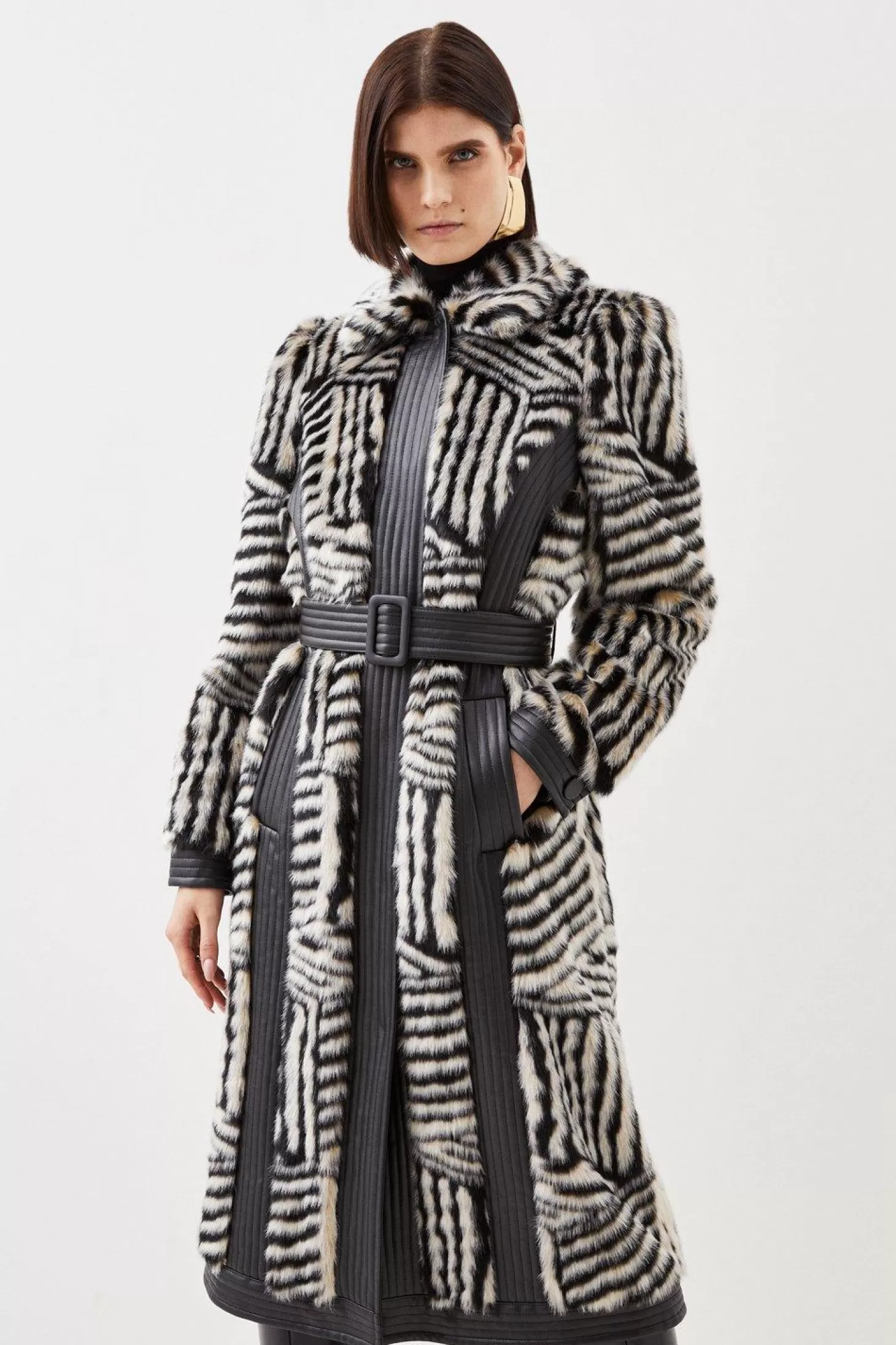 Karen Millen Faux Fur Pu Panelled Stripe Belted Coat