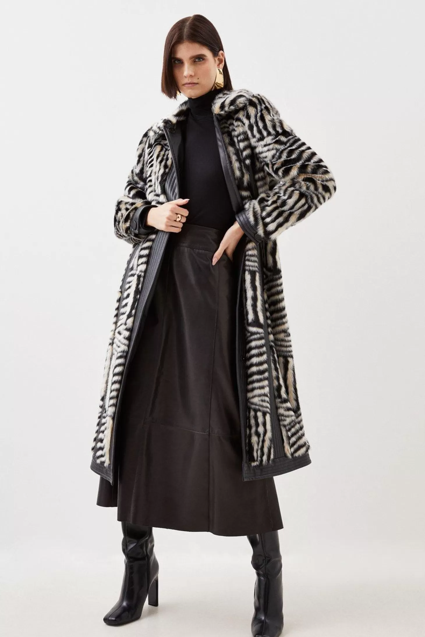 Karen Millen Faux Fur Pu Panelled Stripe Belted Coat