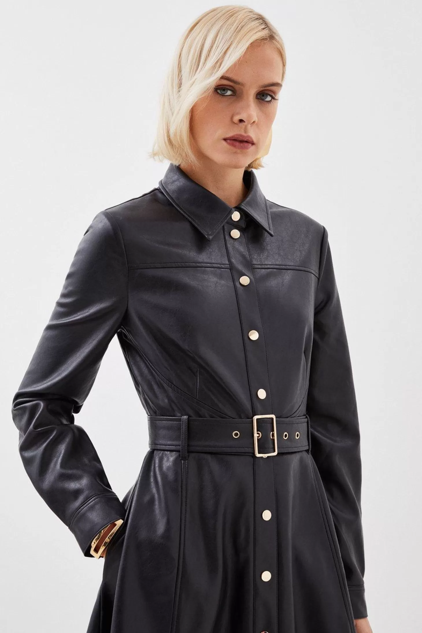 Karen Millen Faux Leather Long Sleeved Belted Midi Shirt Dress