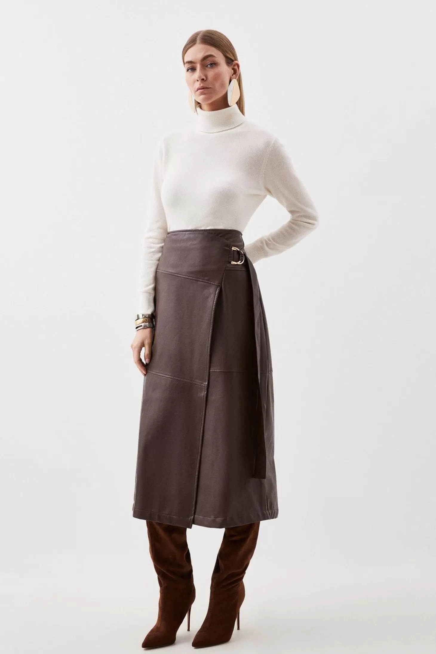 Karen Millen Faux Leather Tie Detail Wrap Midi Skirt