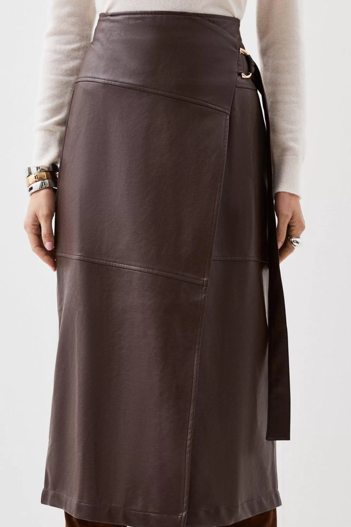 Karen Millen Faux Leather Tie Detail Wrap Midi Skirt