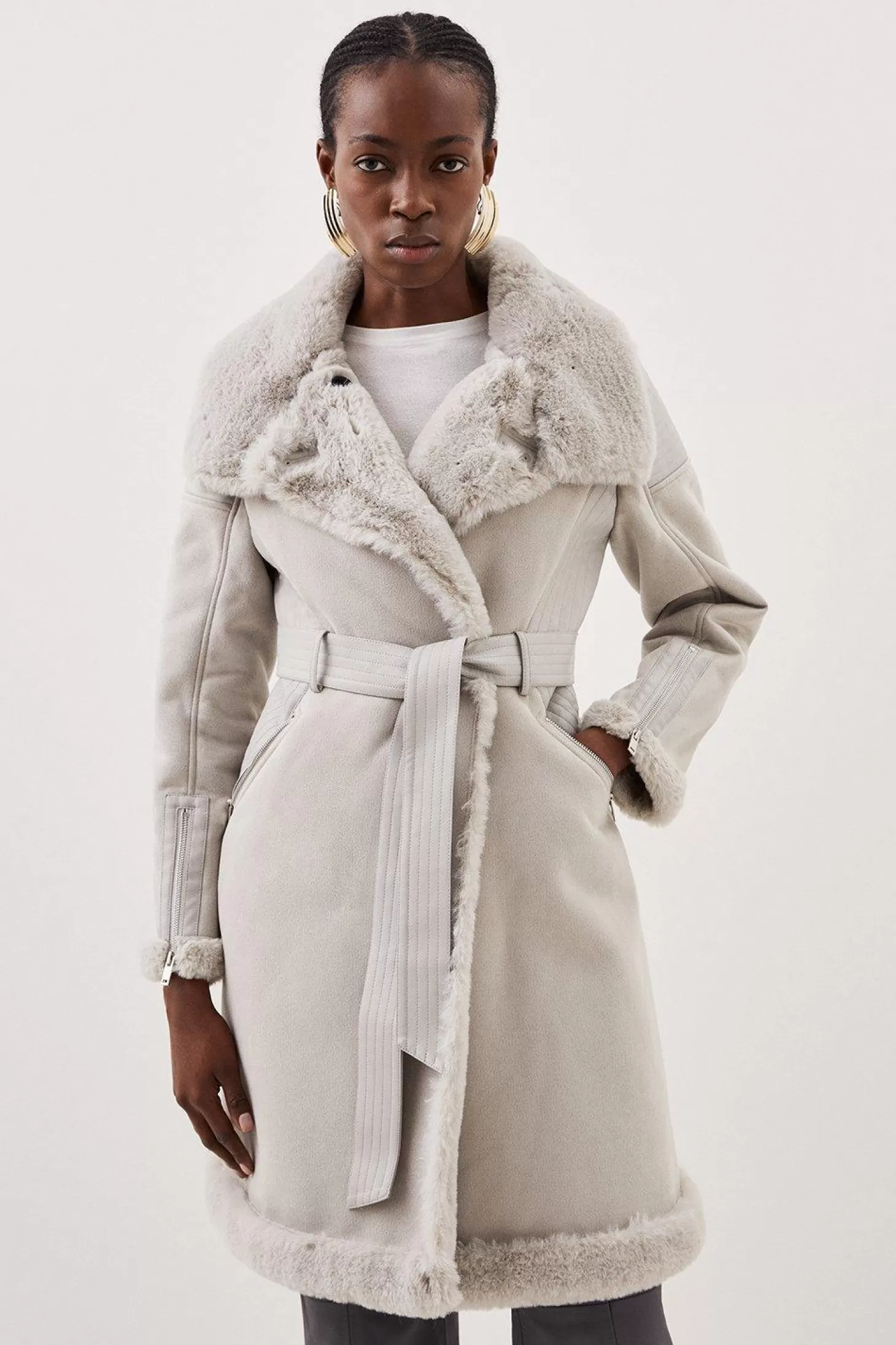 Karen Millen Faux Shearling Biker Longline Belted Coat