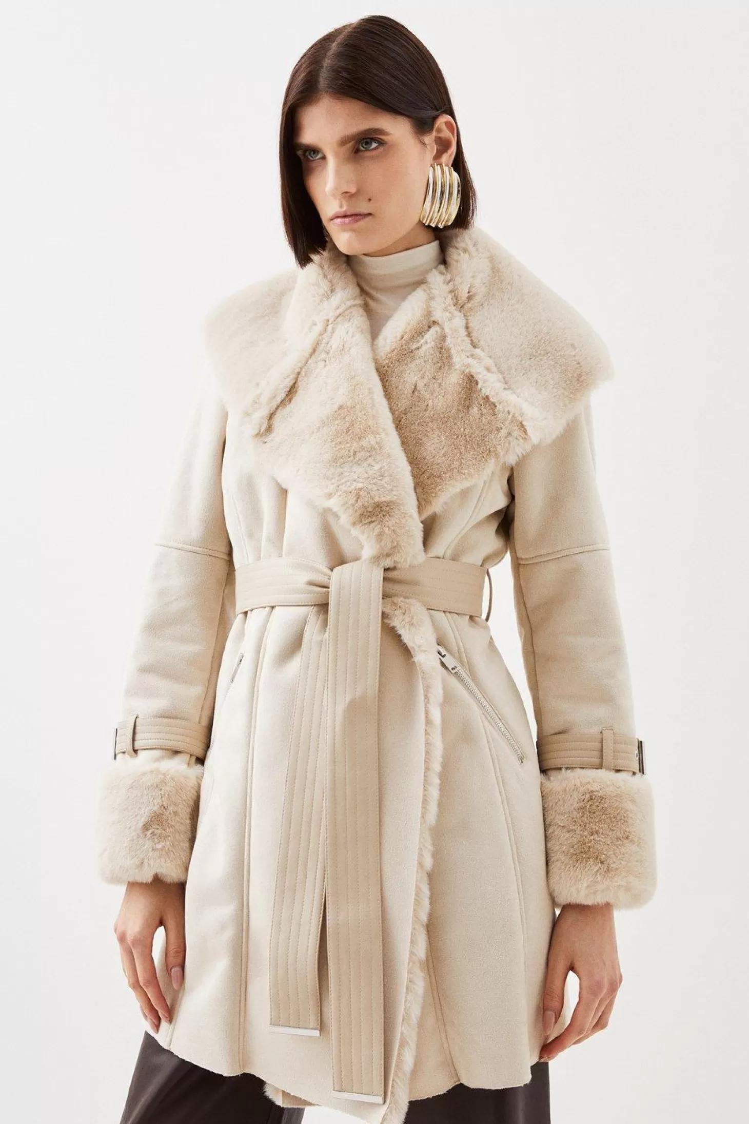 Karen Millen Faux Shearling Collar & Cuff Belted Short Coat