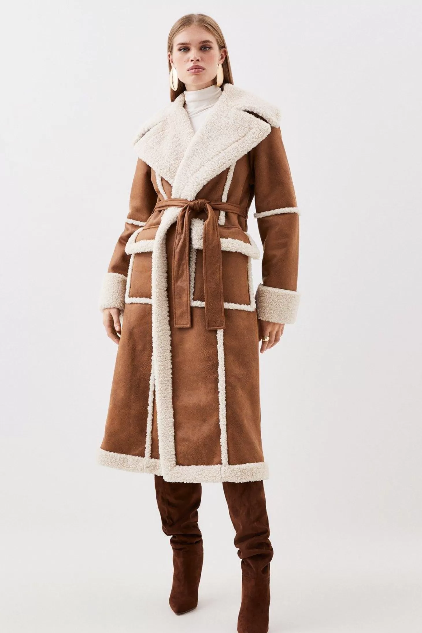 Karen Millen Faux Shearling Contrast Cuff And Collar Wrap Midi Coat