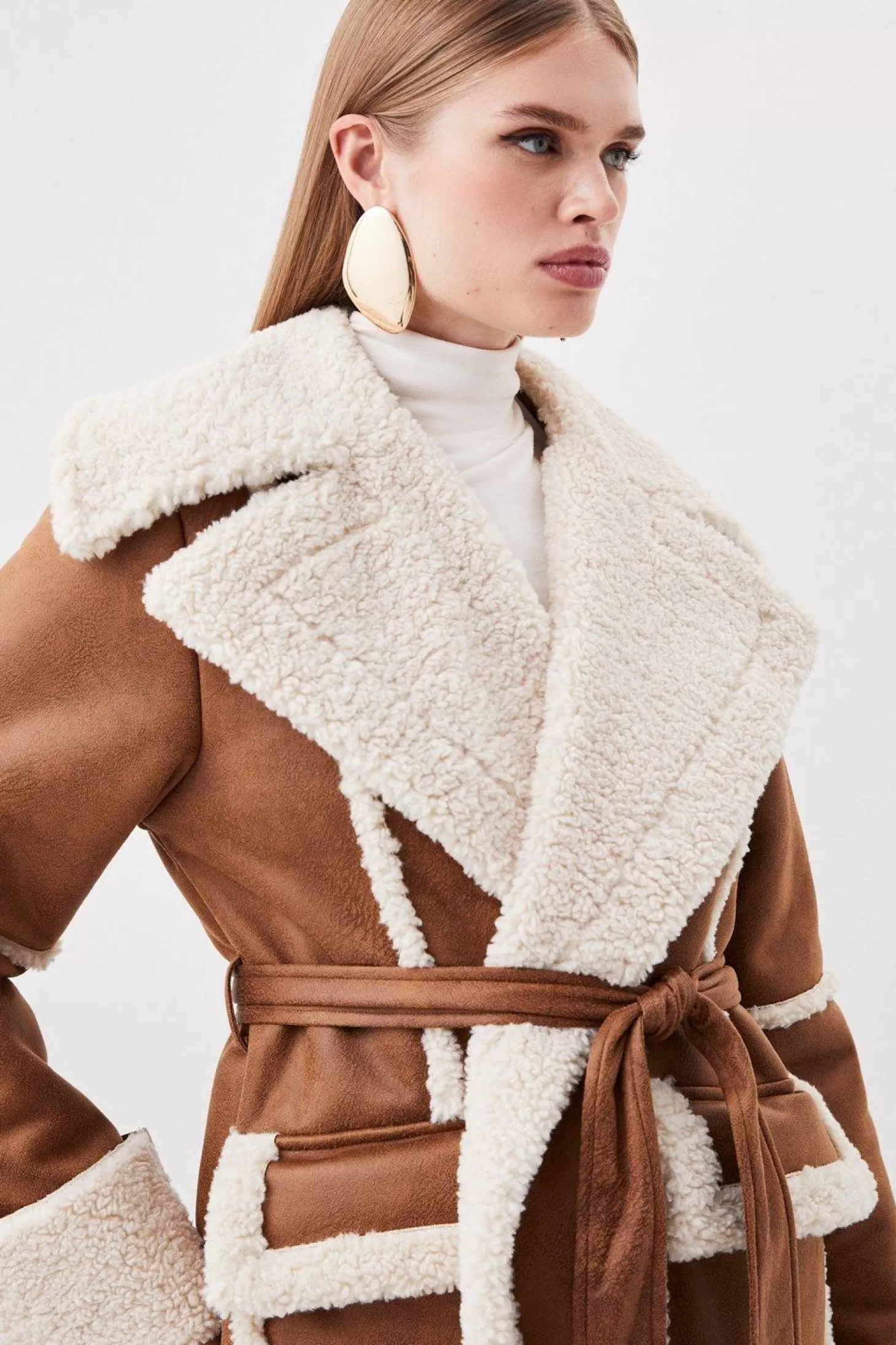 Karen Millen Faux Shearling Contrast Cuff And Collar Wrap Midi Coat