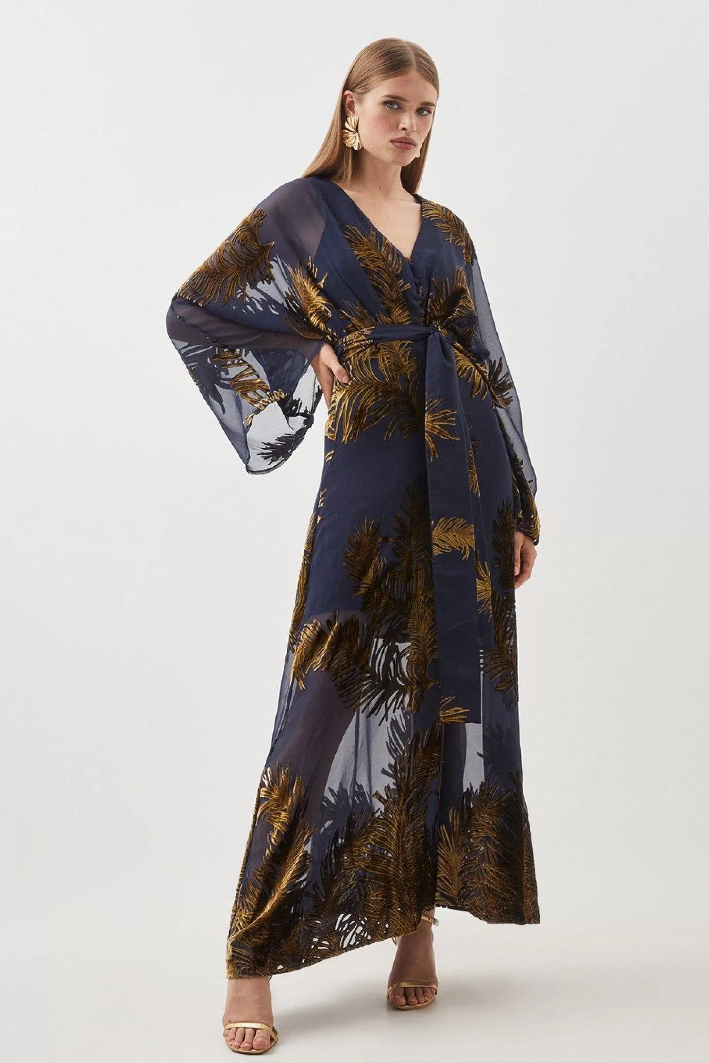 Karen Millen Feather Devore Woven Kimono Maxi Dress