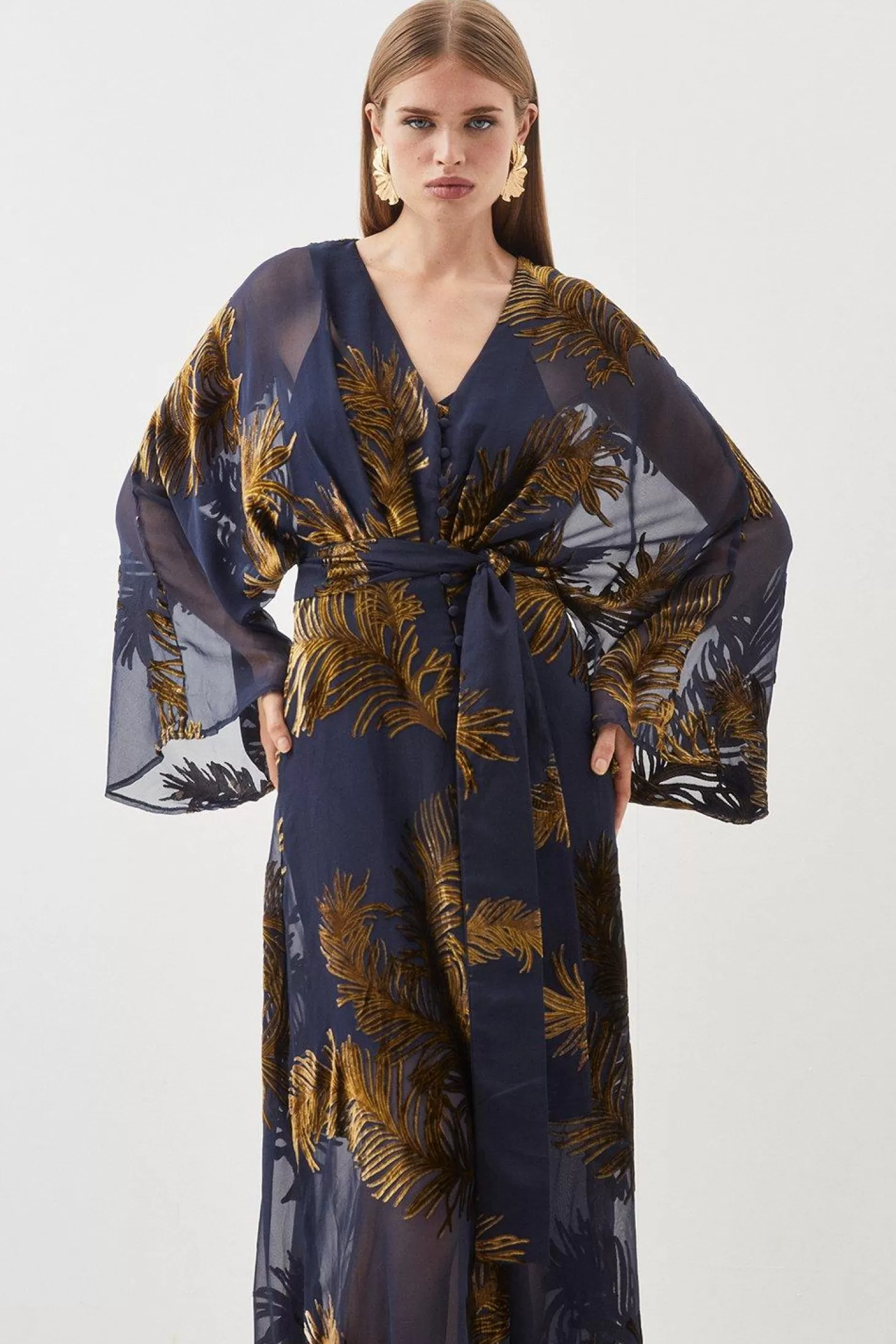 Karen Millen Feather Devore Woven Kimono Maxi Dress