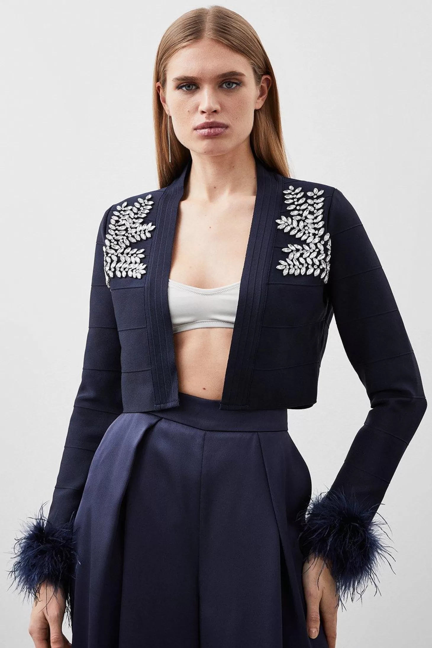 Karen Millen Figure Form Bandage Embellished Feather Cuff Crop Knit Jacket