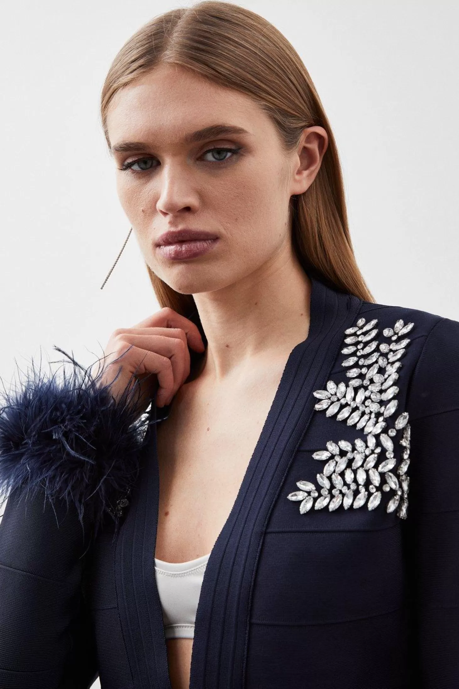 Karen Millen Figure Form Bandage Embellished Feather Cuff Crop Knit Jacket