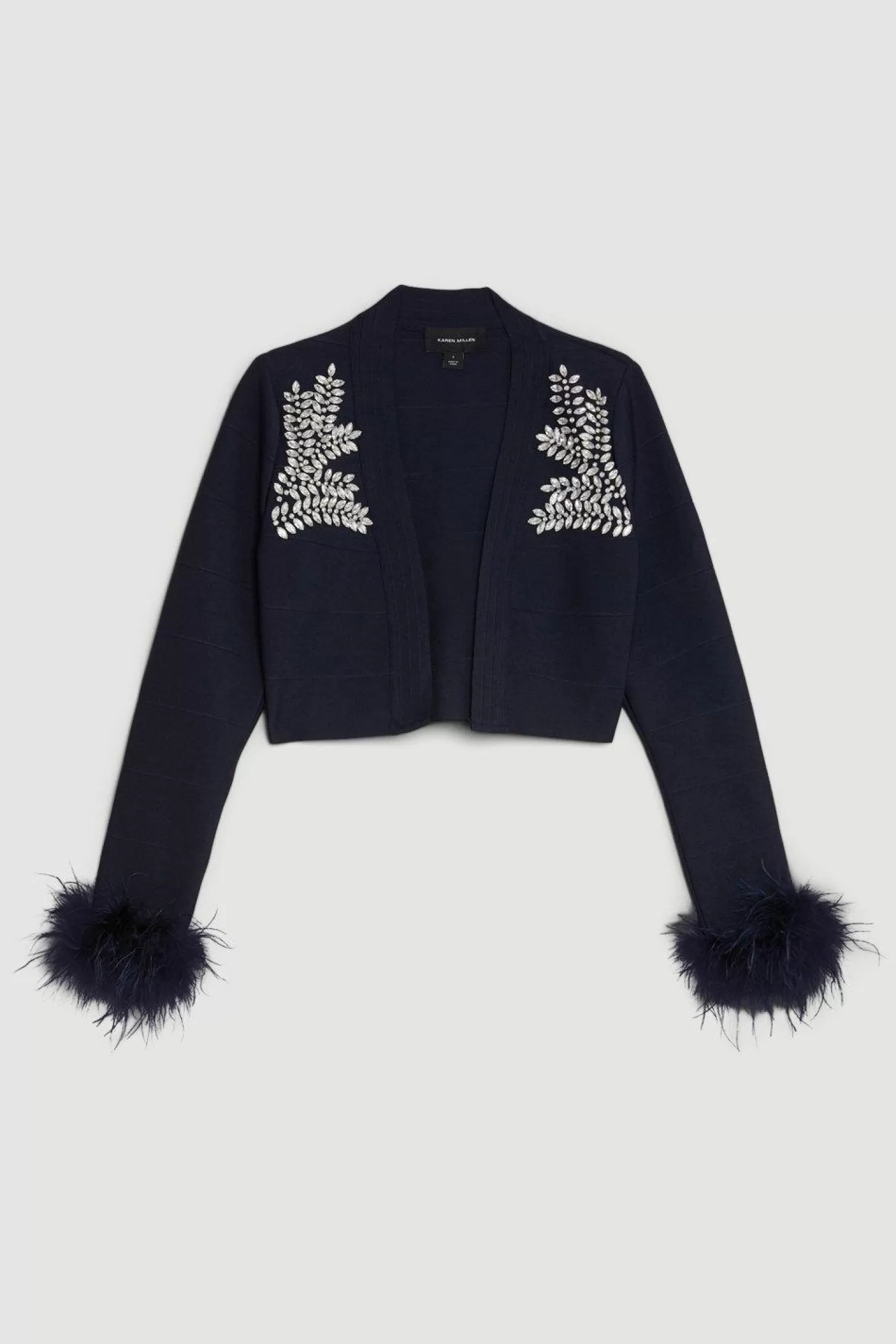 Karen Millen Figure Form Bandage Embellished Feather Cuff Crop Knit Jacket