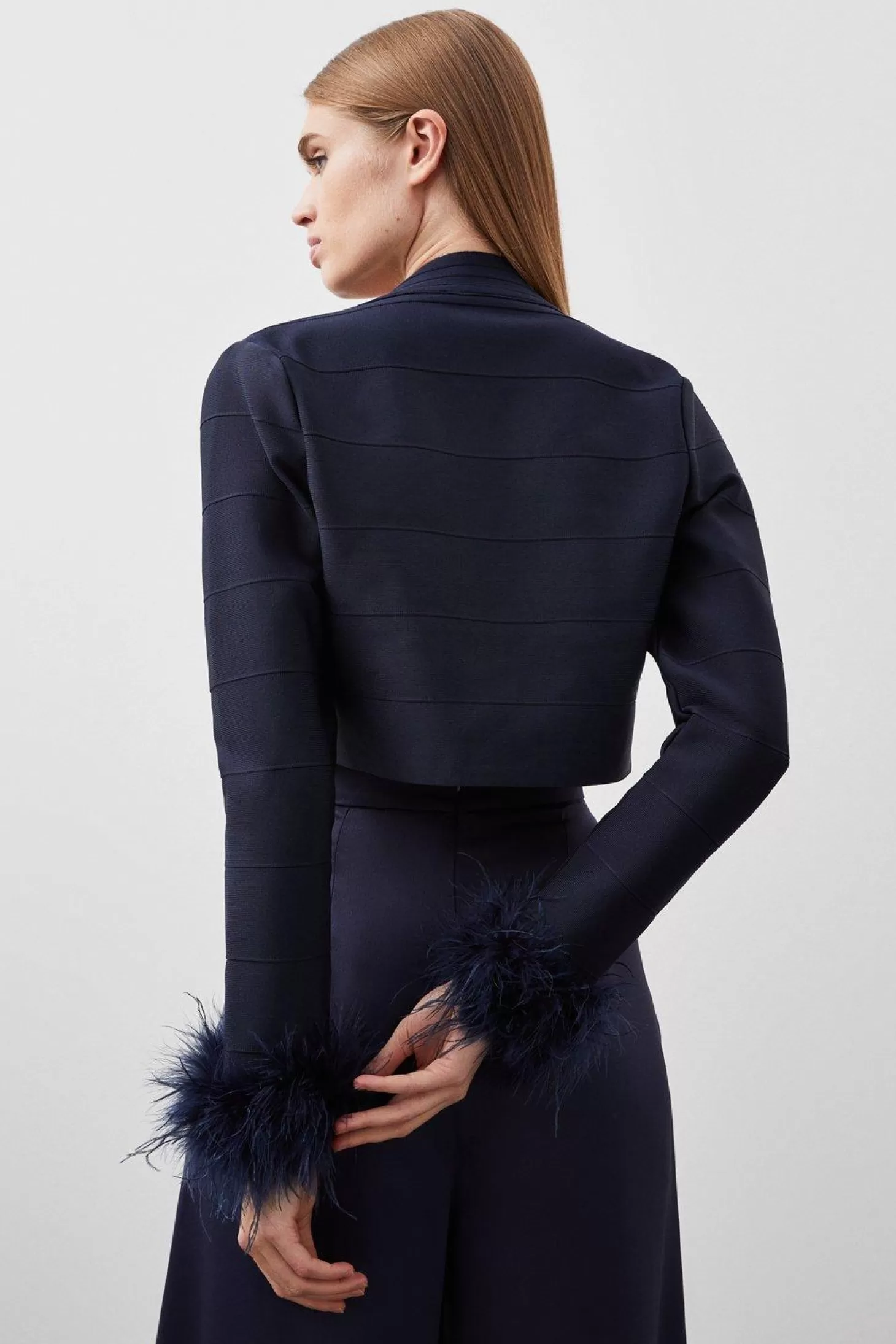 Karen Millen Figure Form Bandage Embellished Feather Cuff Crop Knit Jacket
