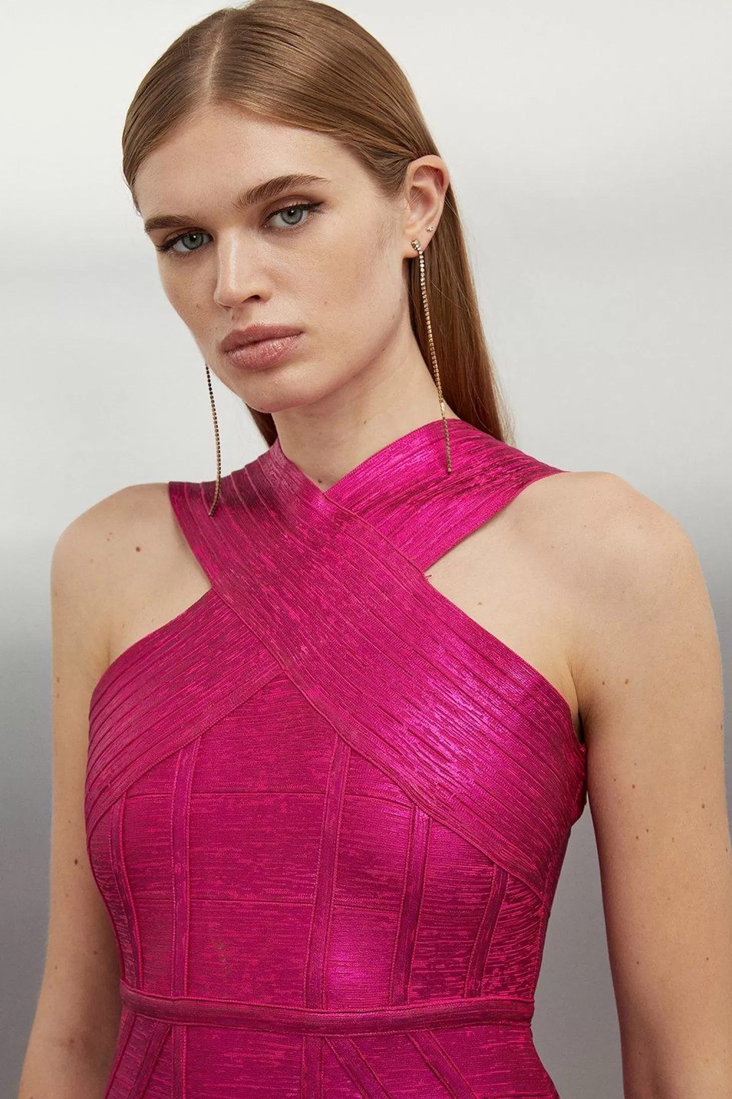 Karen Millen Figure Form Bandage Foiled Cross Front Knit Midi Dress
