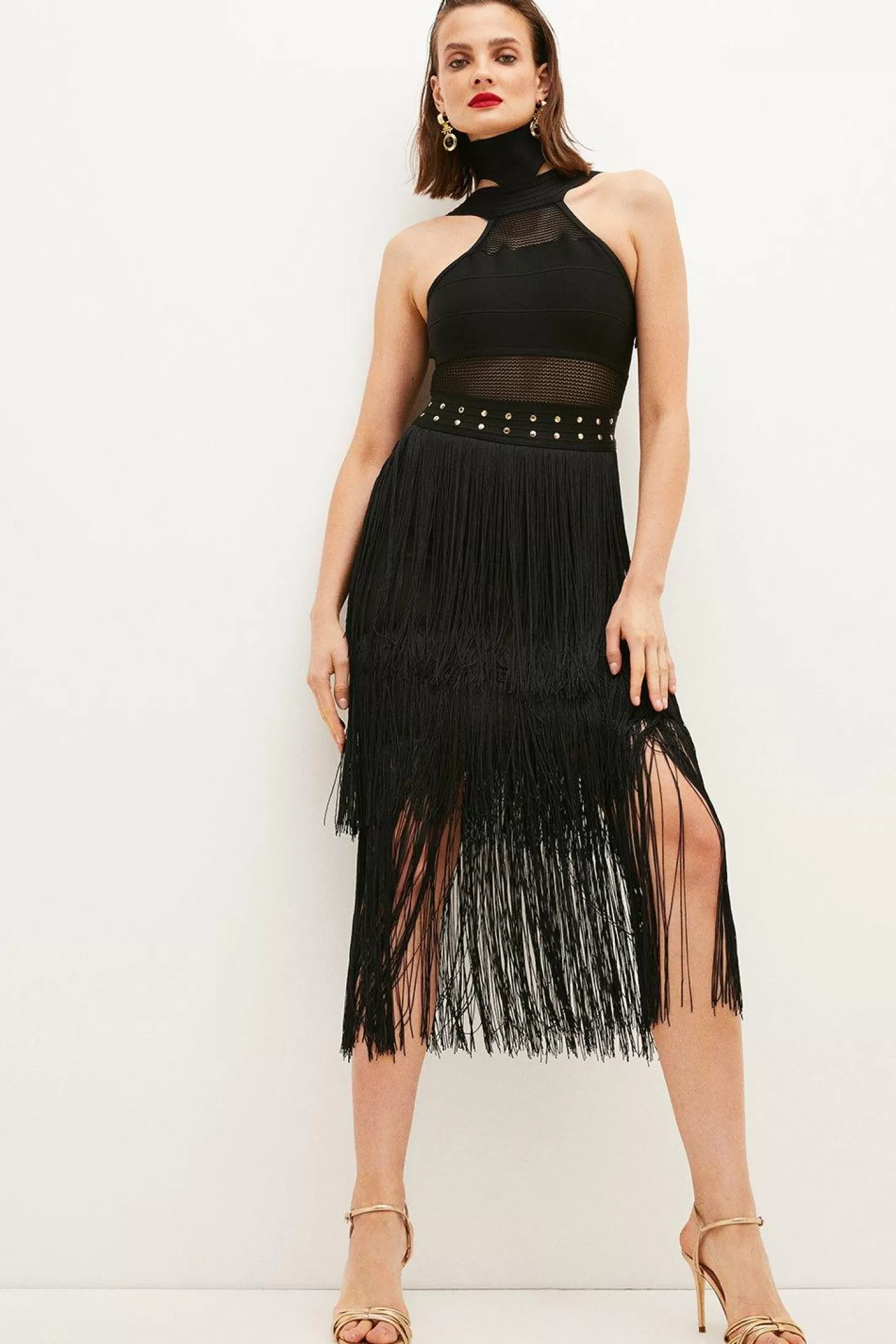 Karen Millen Figure Form Bandage Fringed Knit Midi Dress