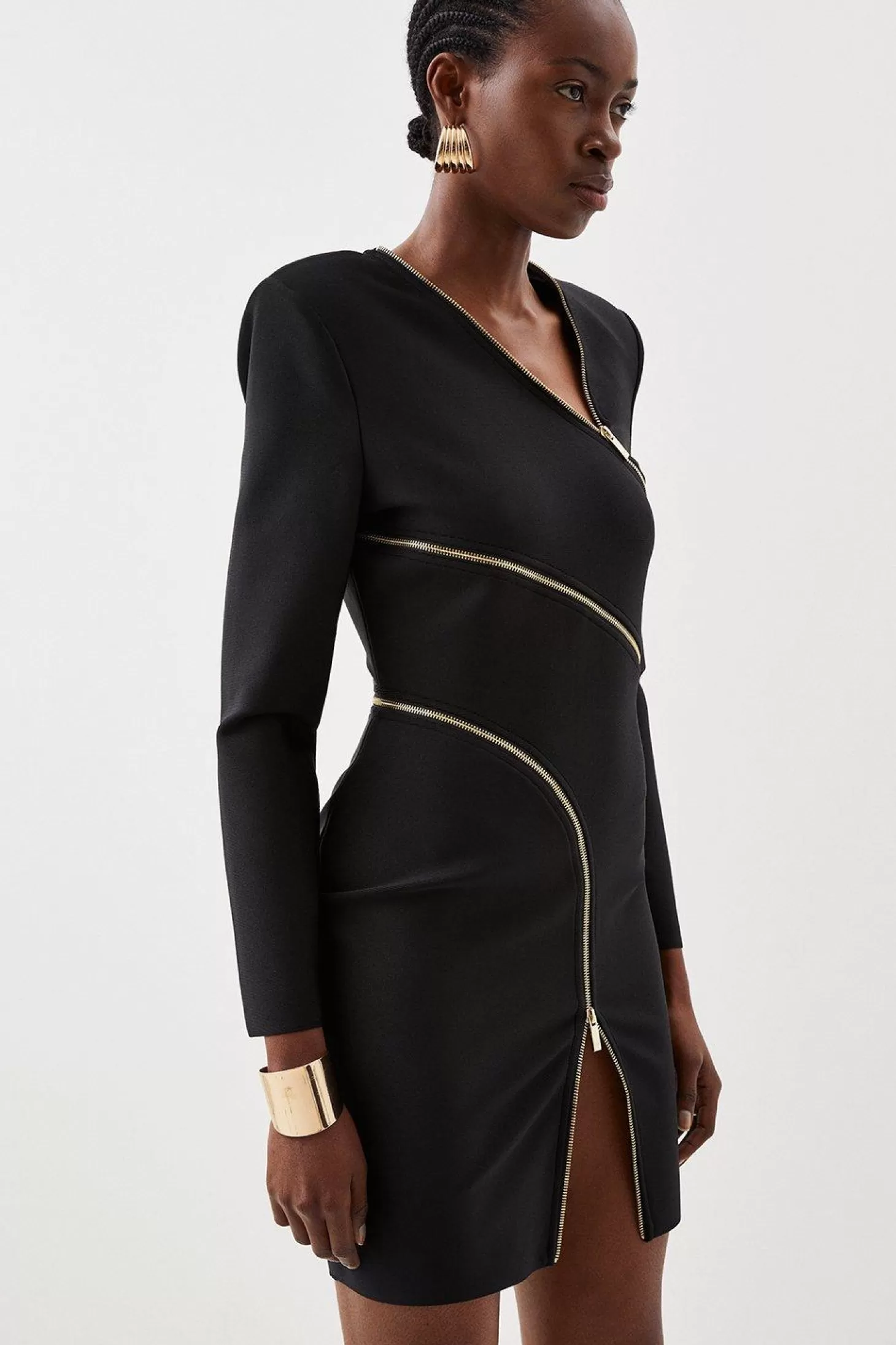 Karen Millen Figure Form Bandage Knit Zip Detail Power Shoulder Mini Dress