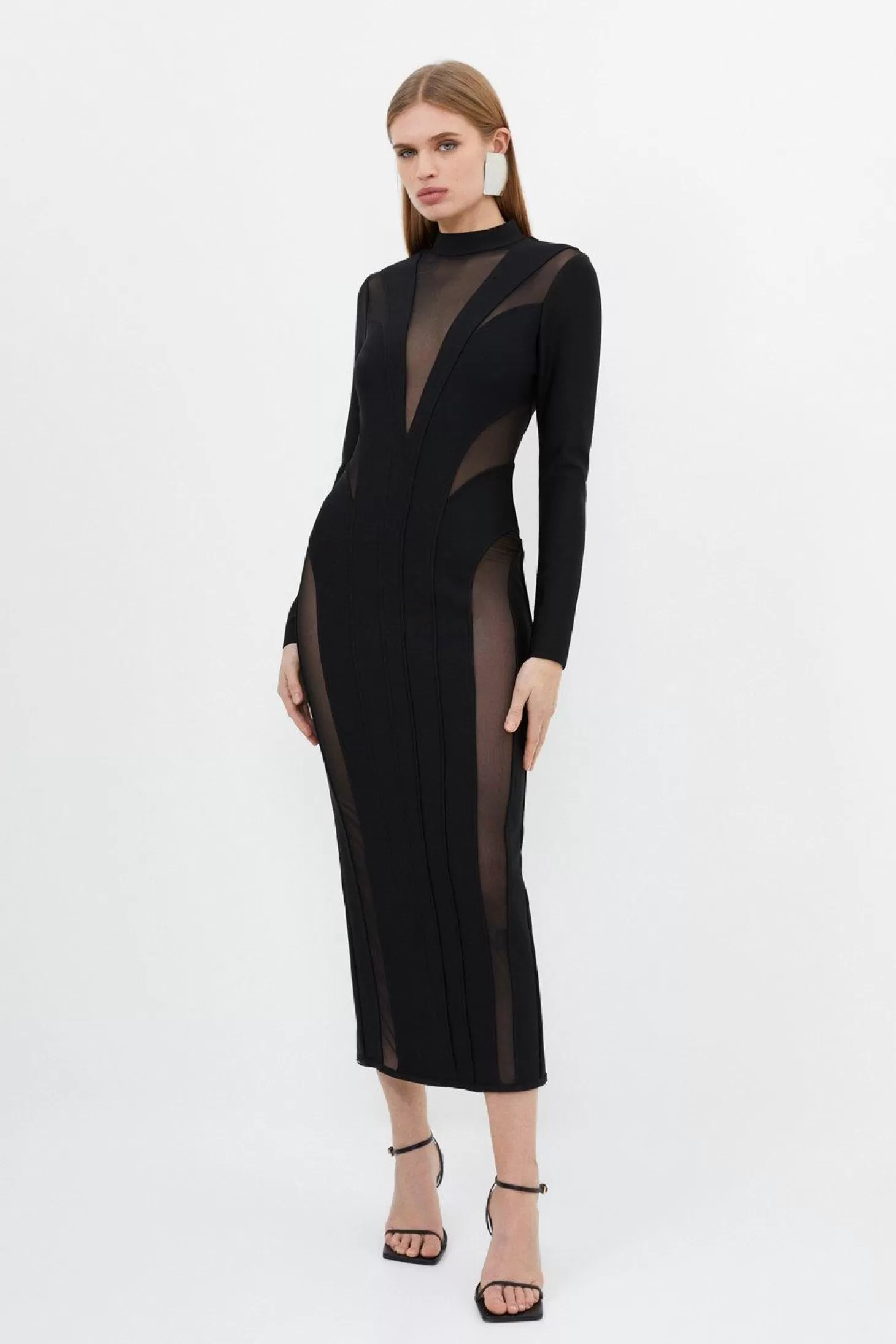 Karen Millen Figure Form Bandage Mesh Detail Knit Maxi Dress