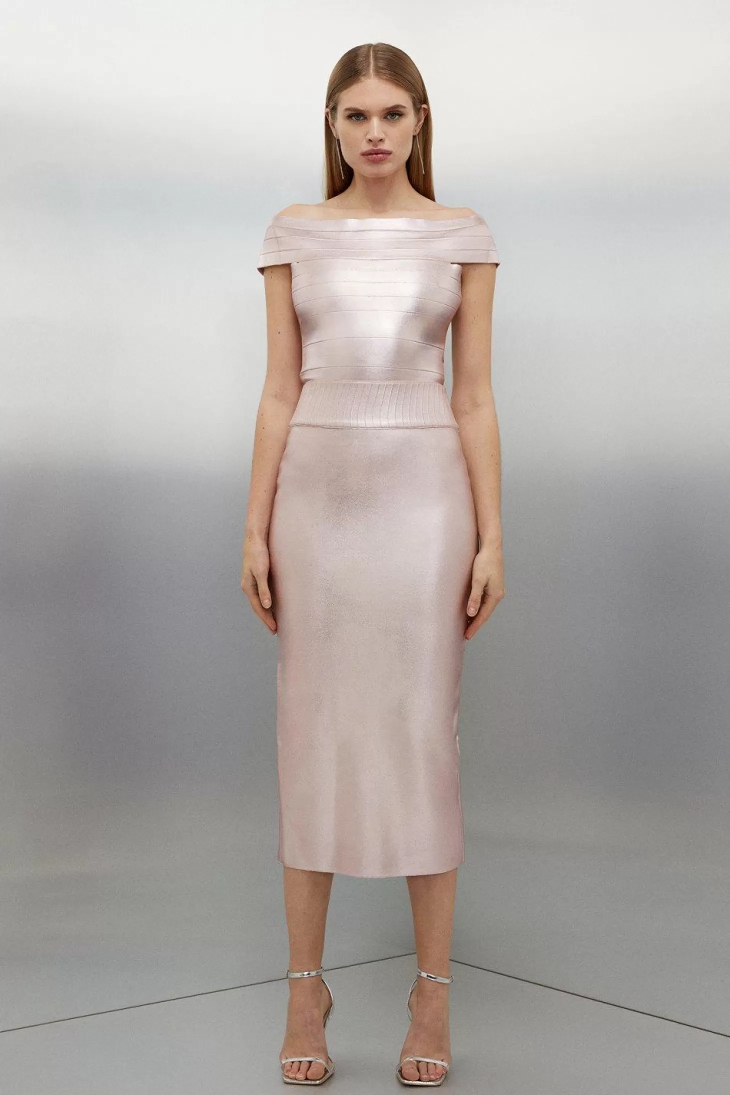 Karen Millen Figure Form Foiled Bandage Off The Shoulder Knit Top