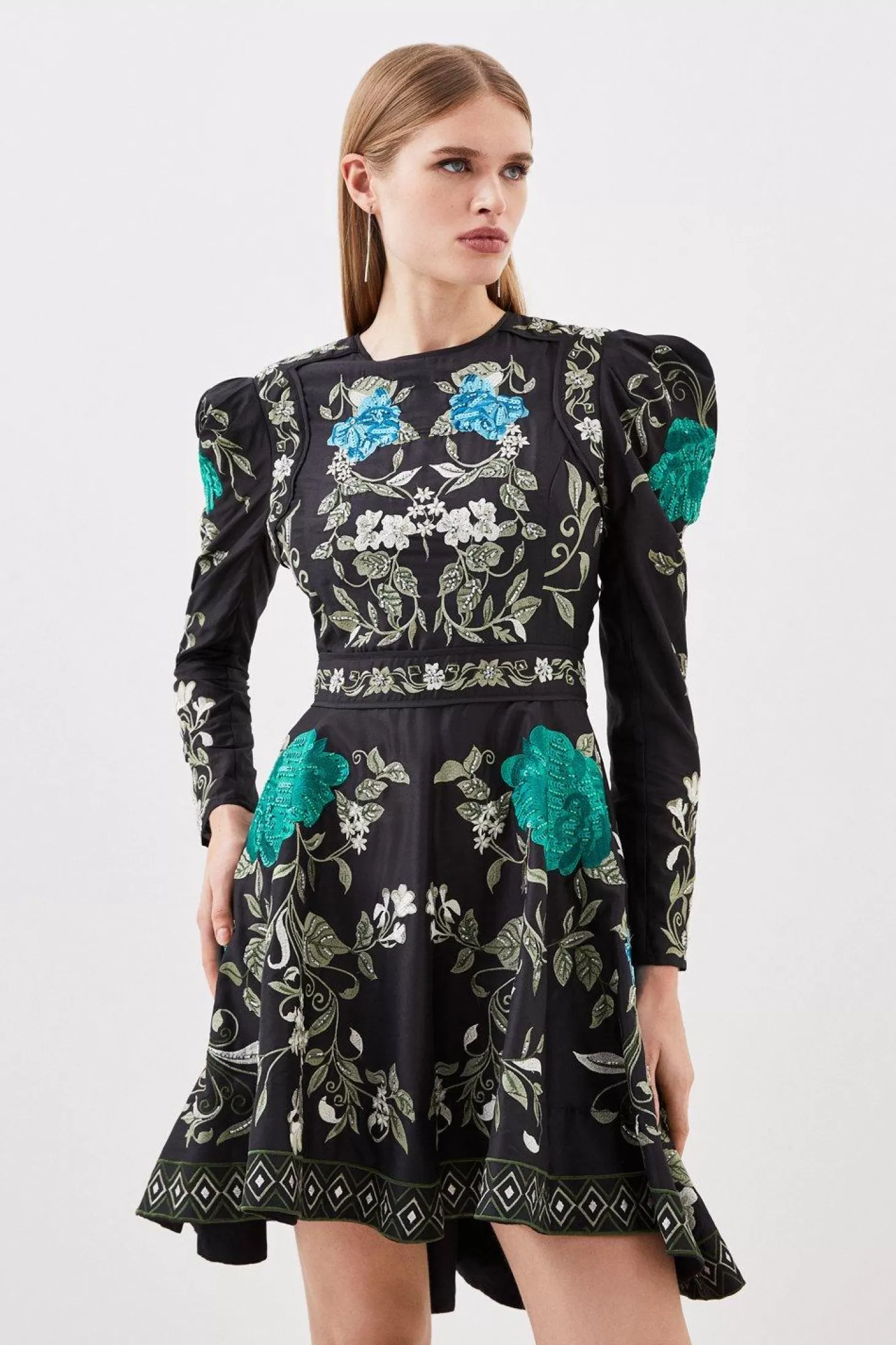 Karen Millen Embrodiered and Beaded Open Back Woven Mini Dress