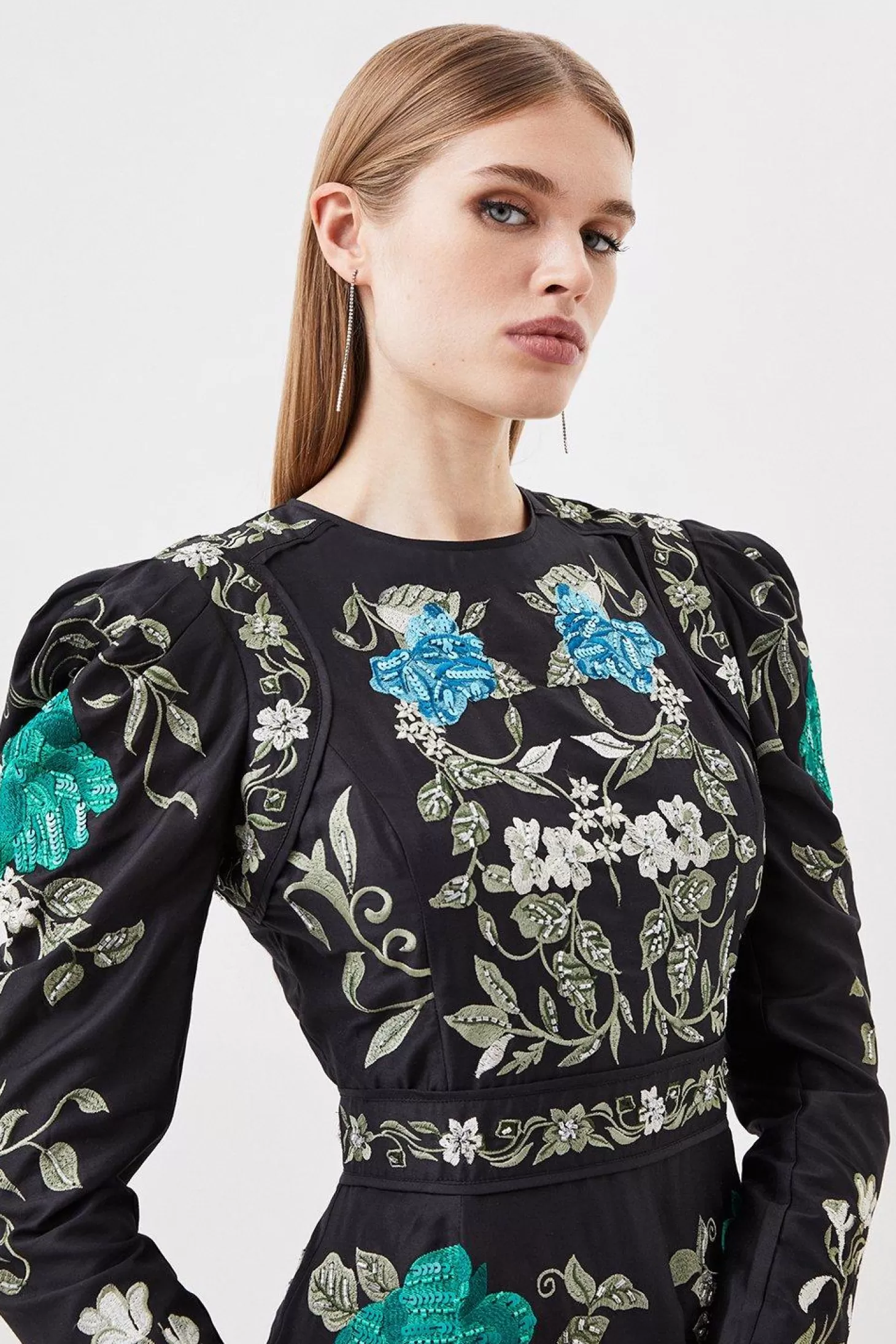 Karen Millen Embrodiered and Beaded Open Back Woven Mini Dress