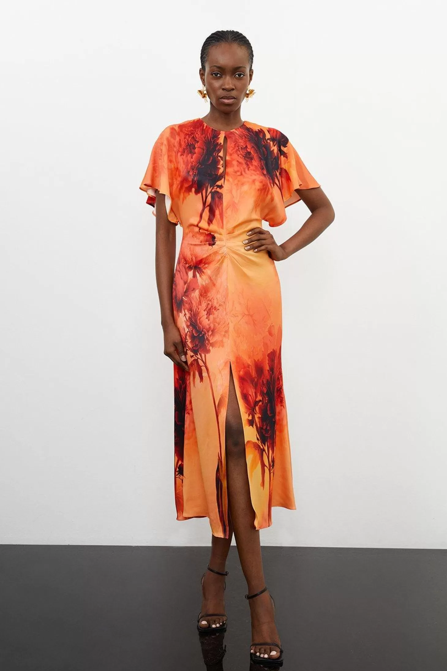 Karen Millen Floral Print Satin Crepe Woven Angel Sleeve Midi Dress