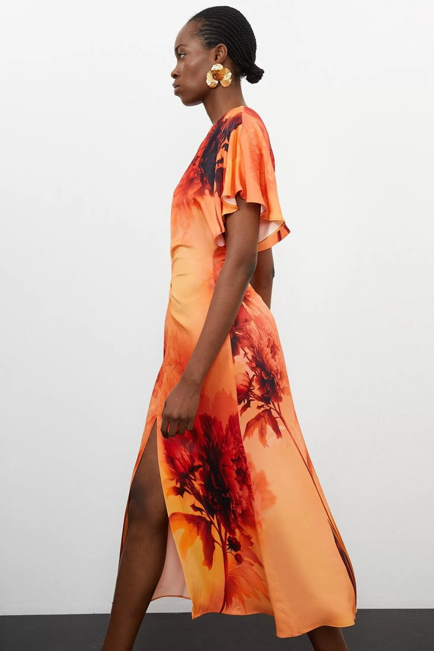 Karen Millen Floral Print Satin Crepe Woven Angel Sleeve Midi Dress