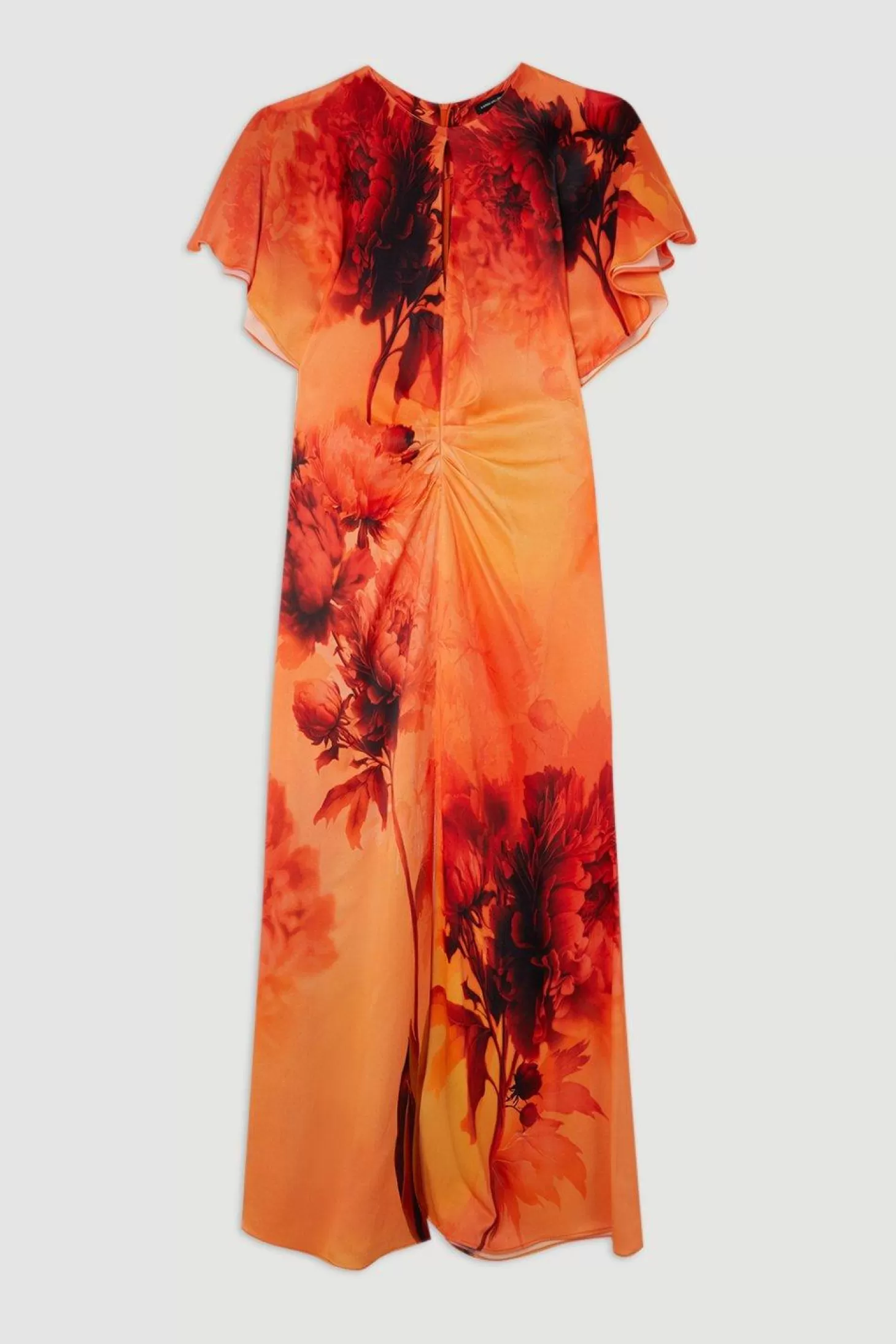 Karen Millen Floral Print Satin Crepe Woven Angel Sleeve Midi Dress
