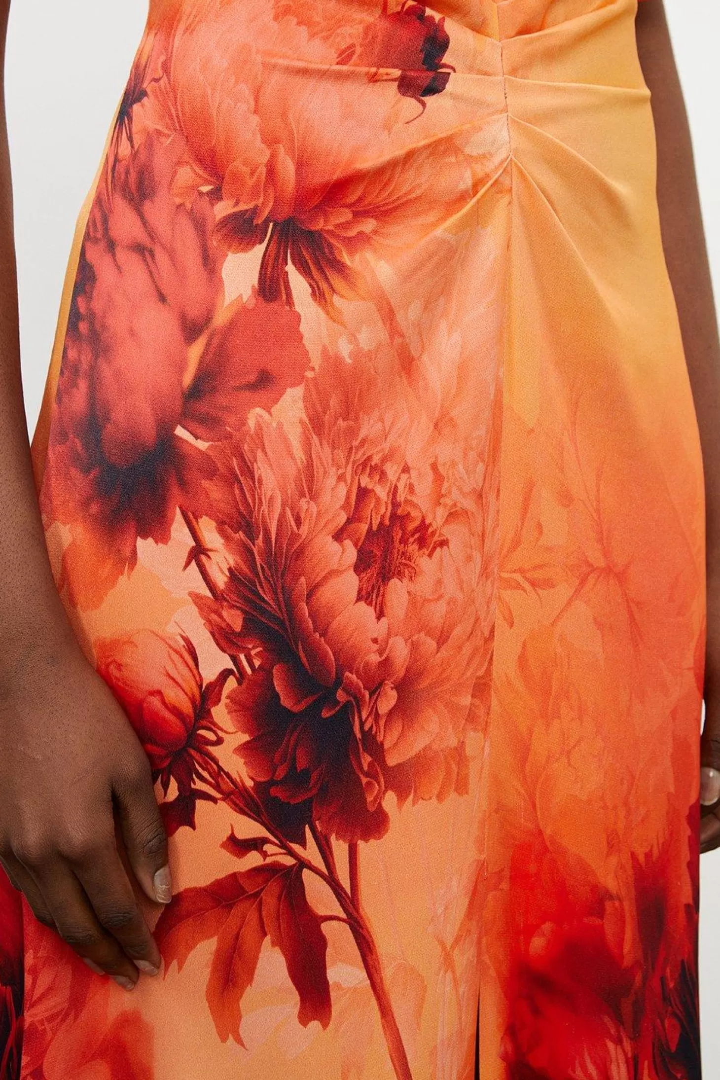 Karen Millen Floral Print Satin Crepe Woven Angel Sleeve Midi Dress