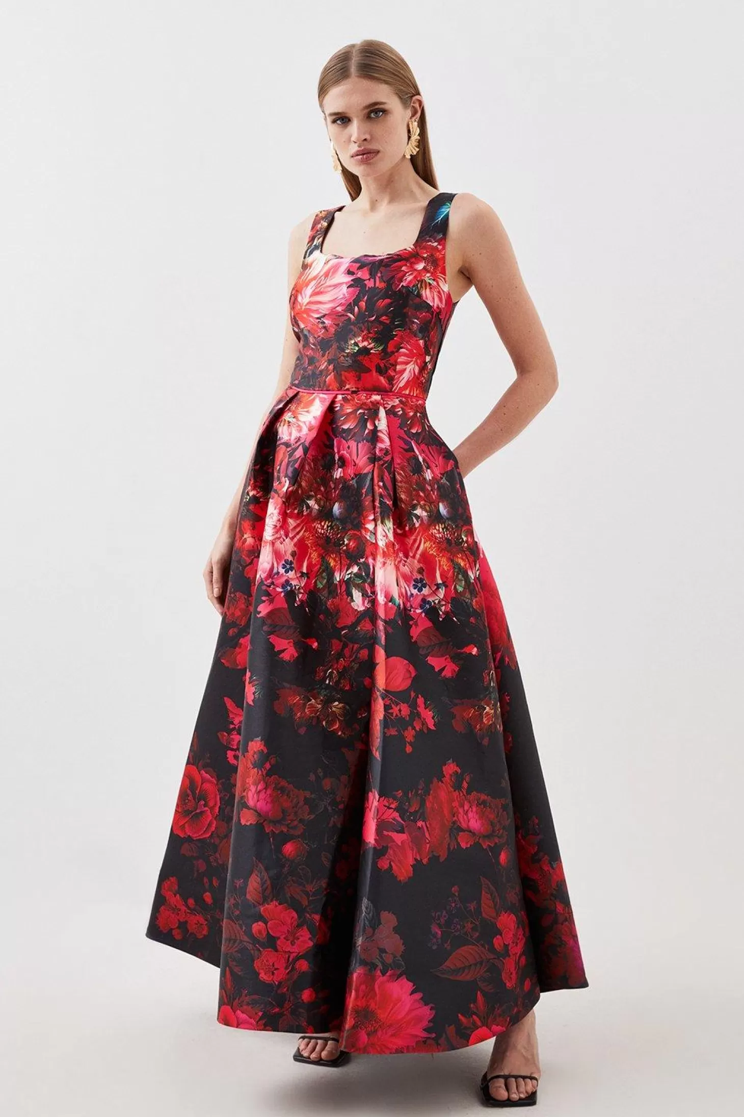 Karen Millen Print Satin Twill Woven Strappy Maxi Prom Dress