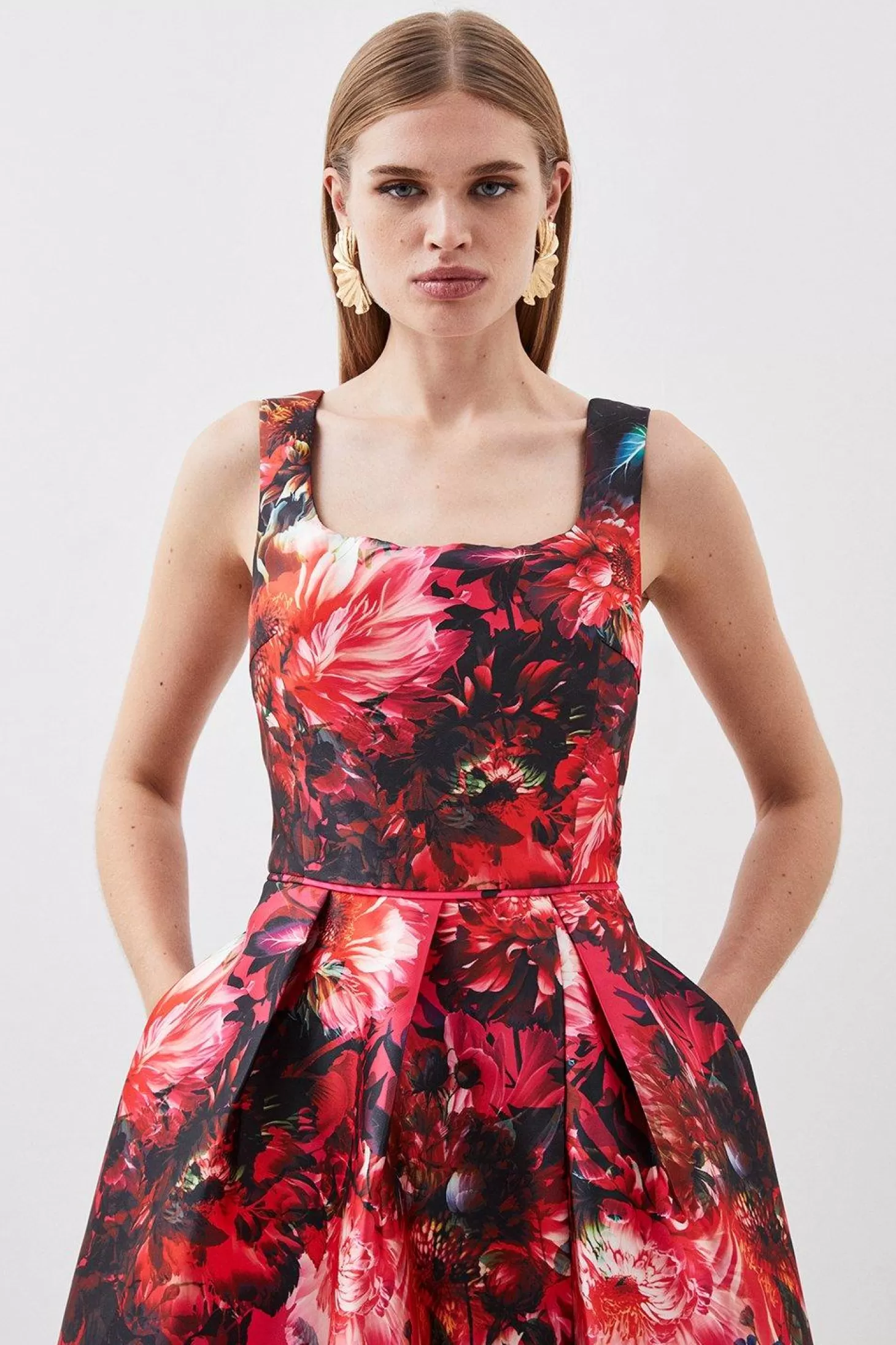 Karen Millen Print Satin Twill Woven Strappy Maxi Prom Dress