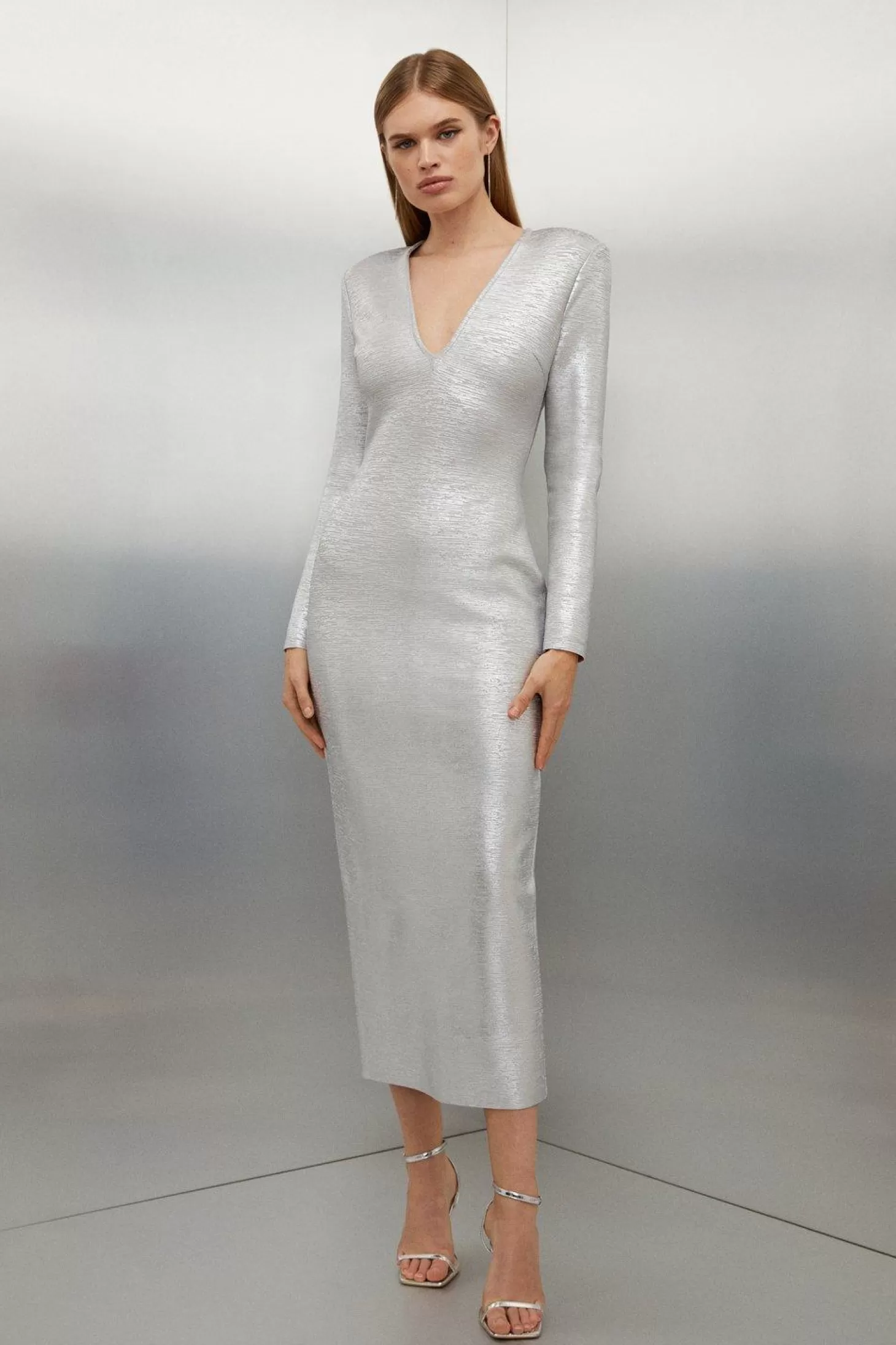Karen Millen Foiled Figure Form Bandage V Neck Knit Midaxi Dress