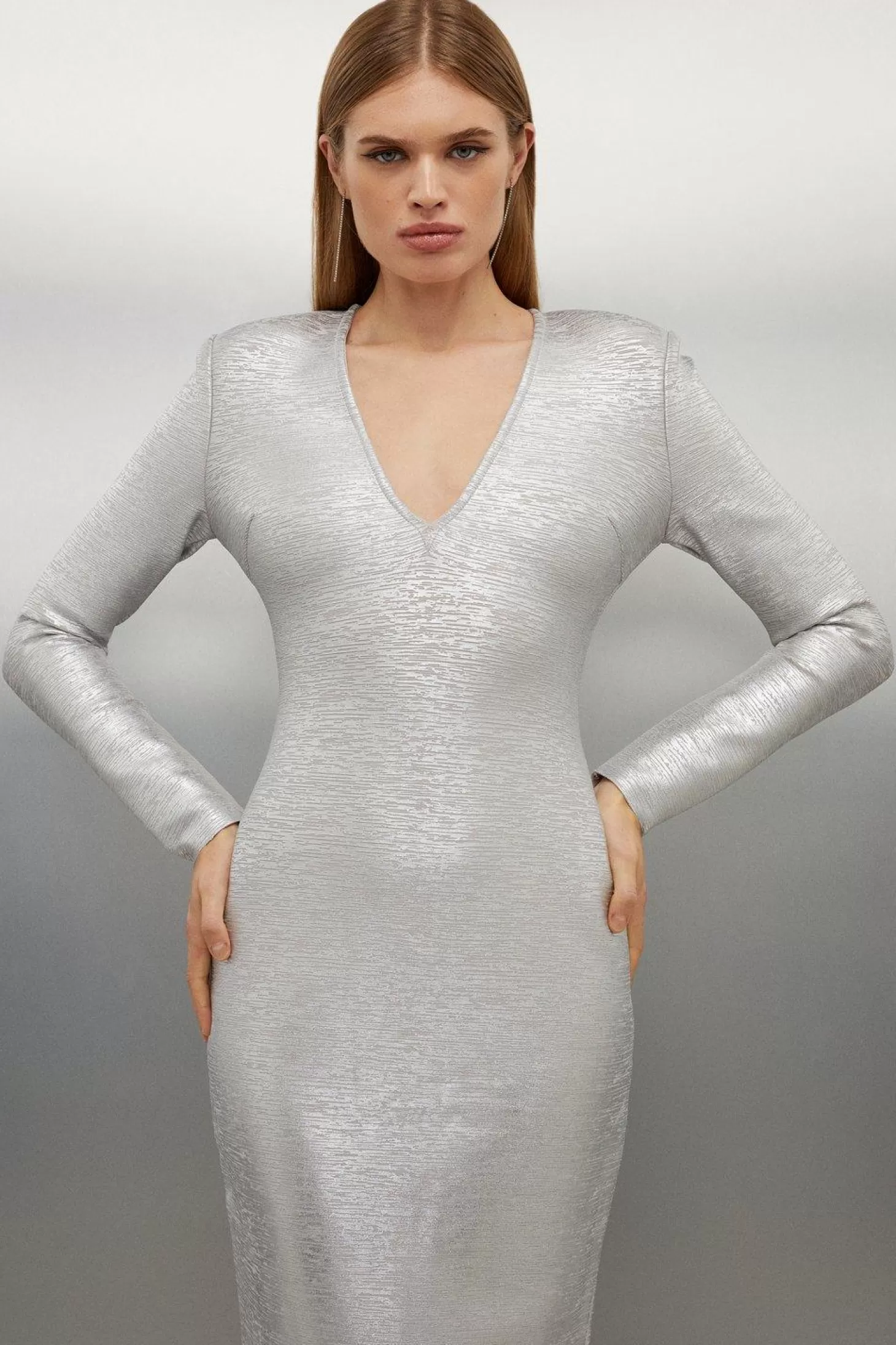 Karen Millen Foiled Figure Form Bandage V Neck Knit Midaxi Dress