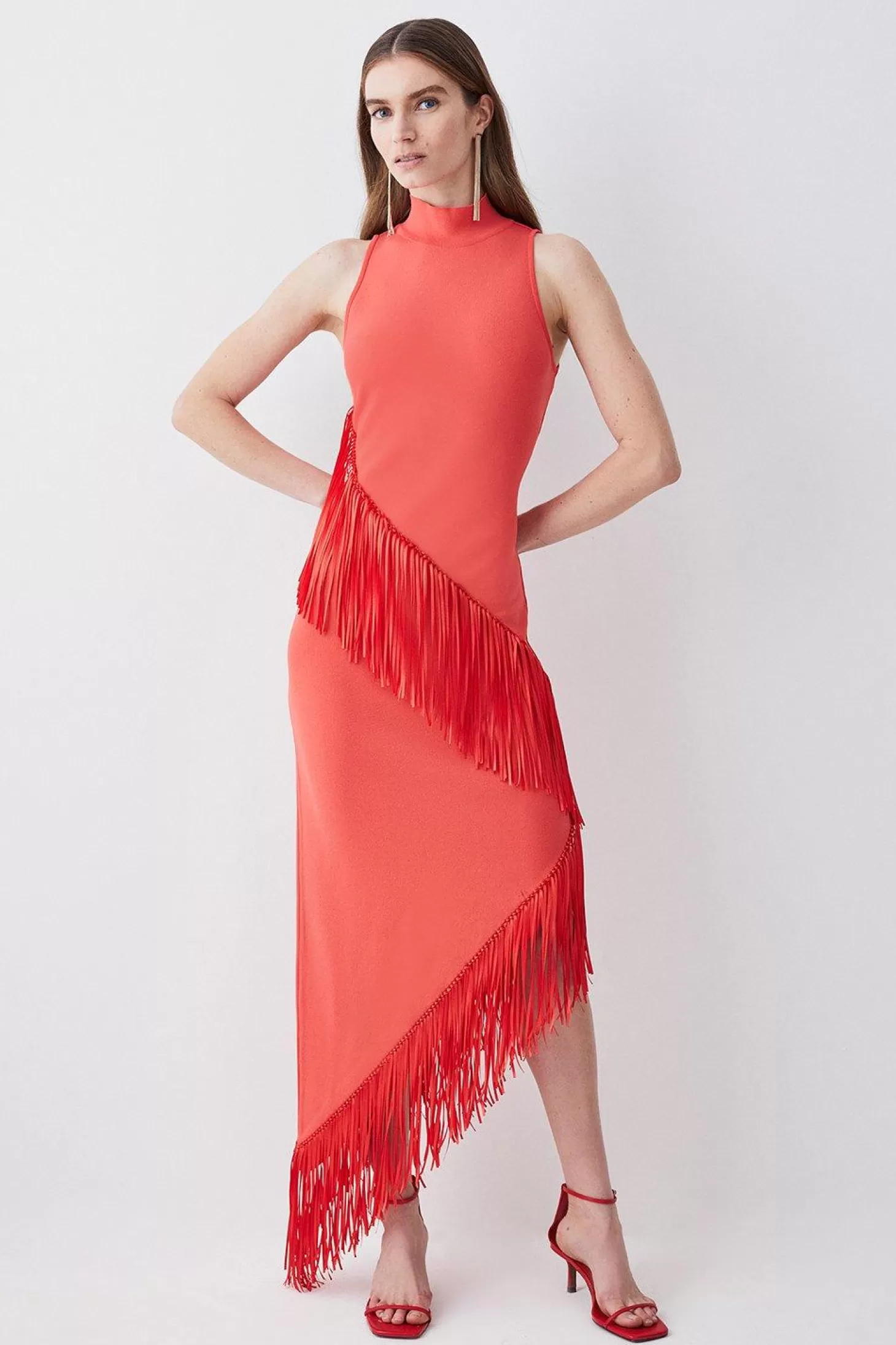 Karen Millen Fringe Hem Asymmetric Knit Midi Dress