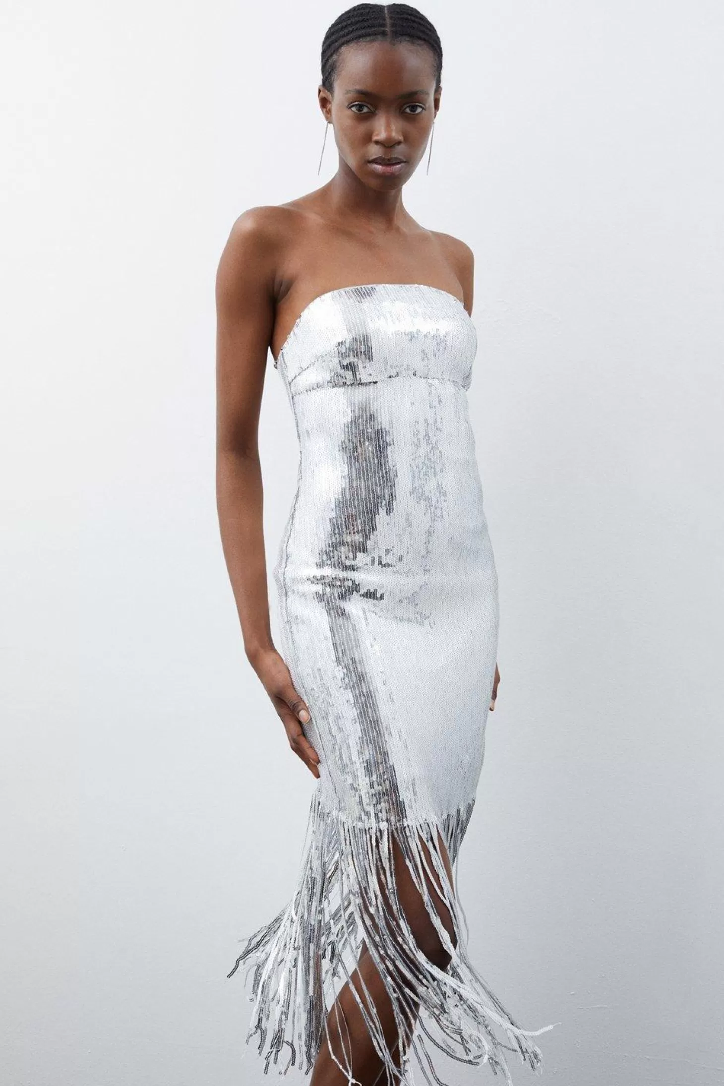 Karen Millen Fringe Sequin Bandeau Midi Dress