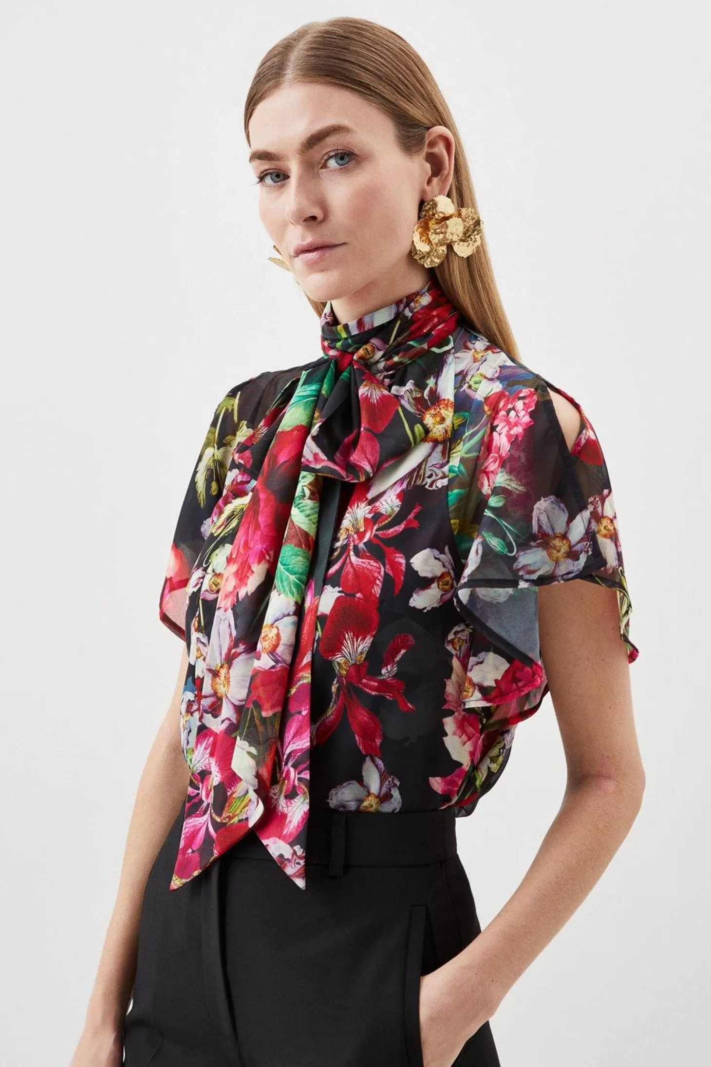 Karen Millen Garden Georgette Tie Neck Woven Blouse