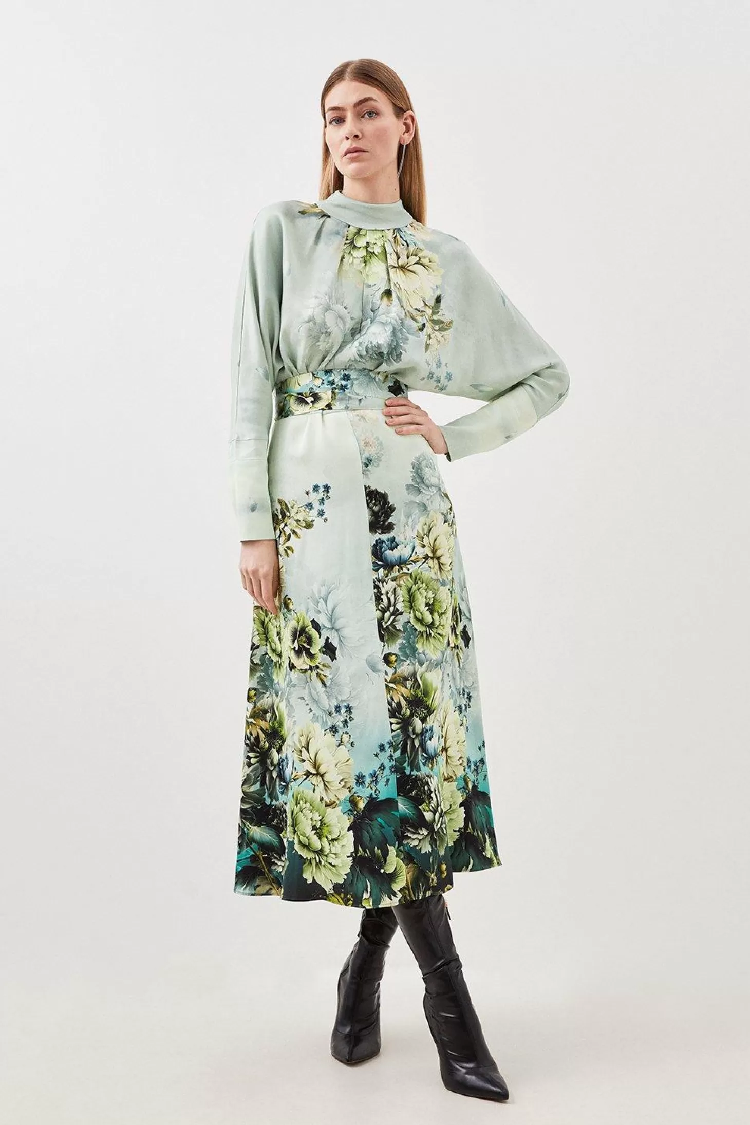 Karen Millen Garden Floral Woven Viscose Satin Batwing Midi Dress