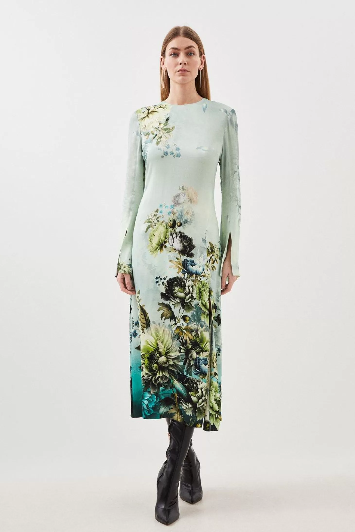 Karen Millen Garden Floral Woven Viscose Satin Midi Dress